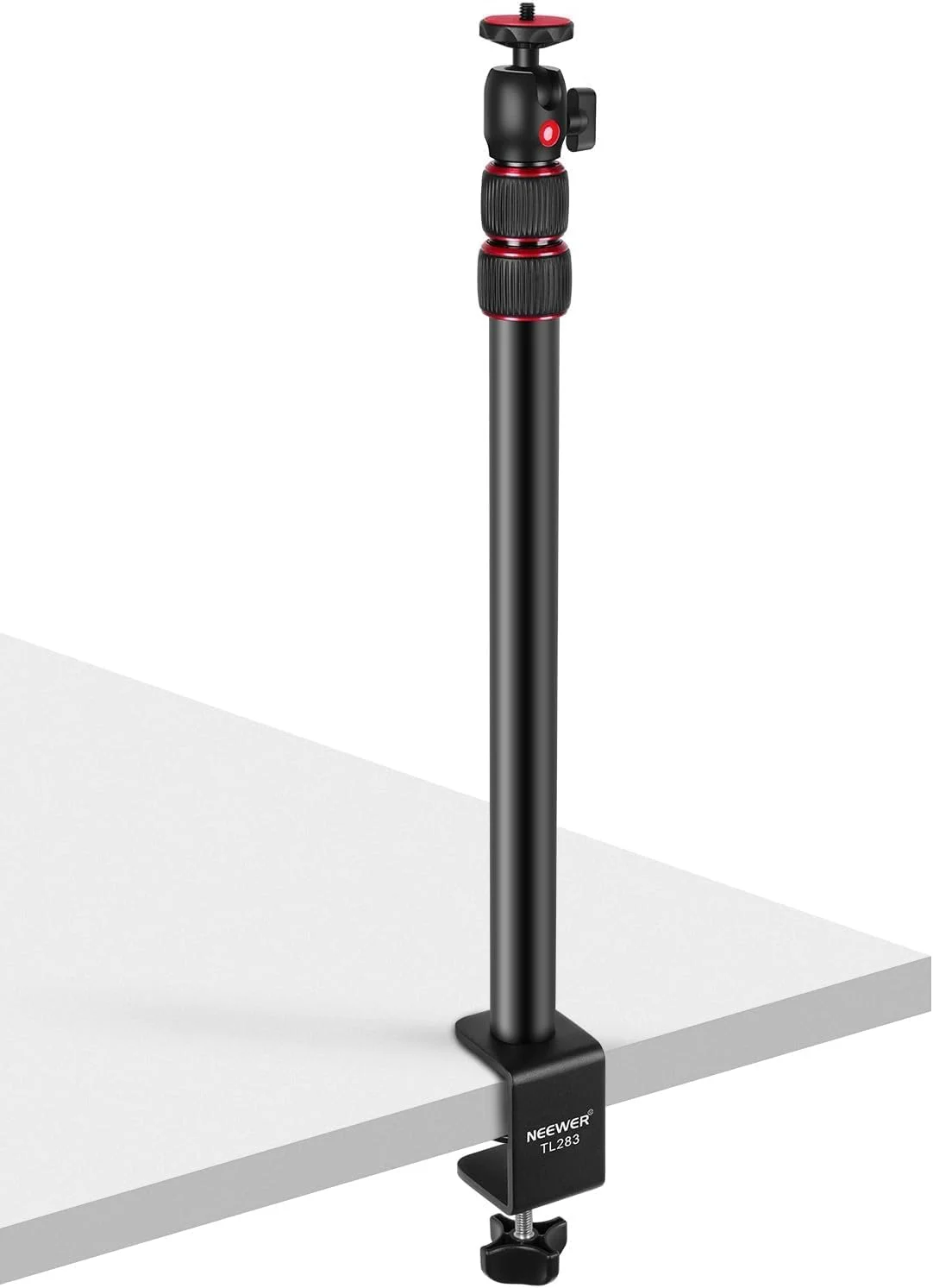 پایه رومیزی دوربین نیور (قرمز) با سر توپی، پایه نور رومیزی قابل تنظیم 43 تا 102 سانتی‌متری با پیچ 1/4 اینچی و گیره C برای دوربین DSLR، رینگ لایت، پخش زنده، ولاگ، حداکثر بار: 3 کیلوگرم، TL283