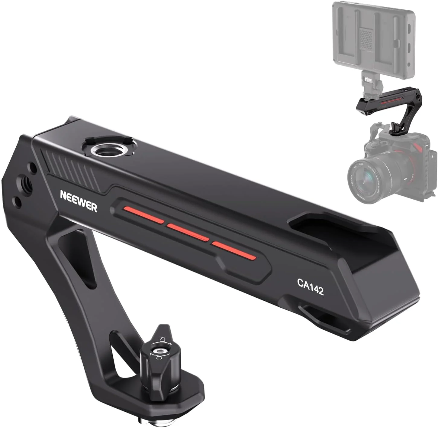 دستگیره بالایی سبک وزن دوربین NEEWER BASIC با پین تعیین موقعیت 3/8 اینچی برای ARRI، دستگیره پلاستیکی قوی بدنه با سوراخ های پیچ 1/4 و 3/8 اینچی و مانت کفشک سرد برای نور ویدئو میکروفون، حداکثر بار 10 کیلوگرم، CA142