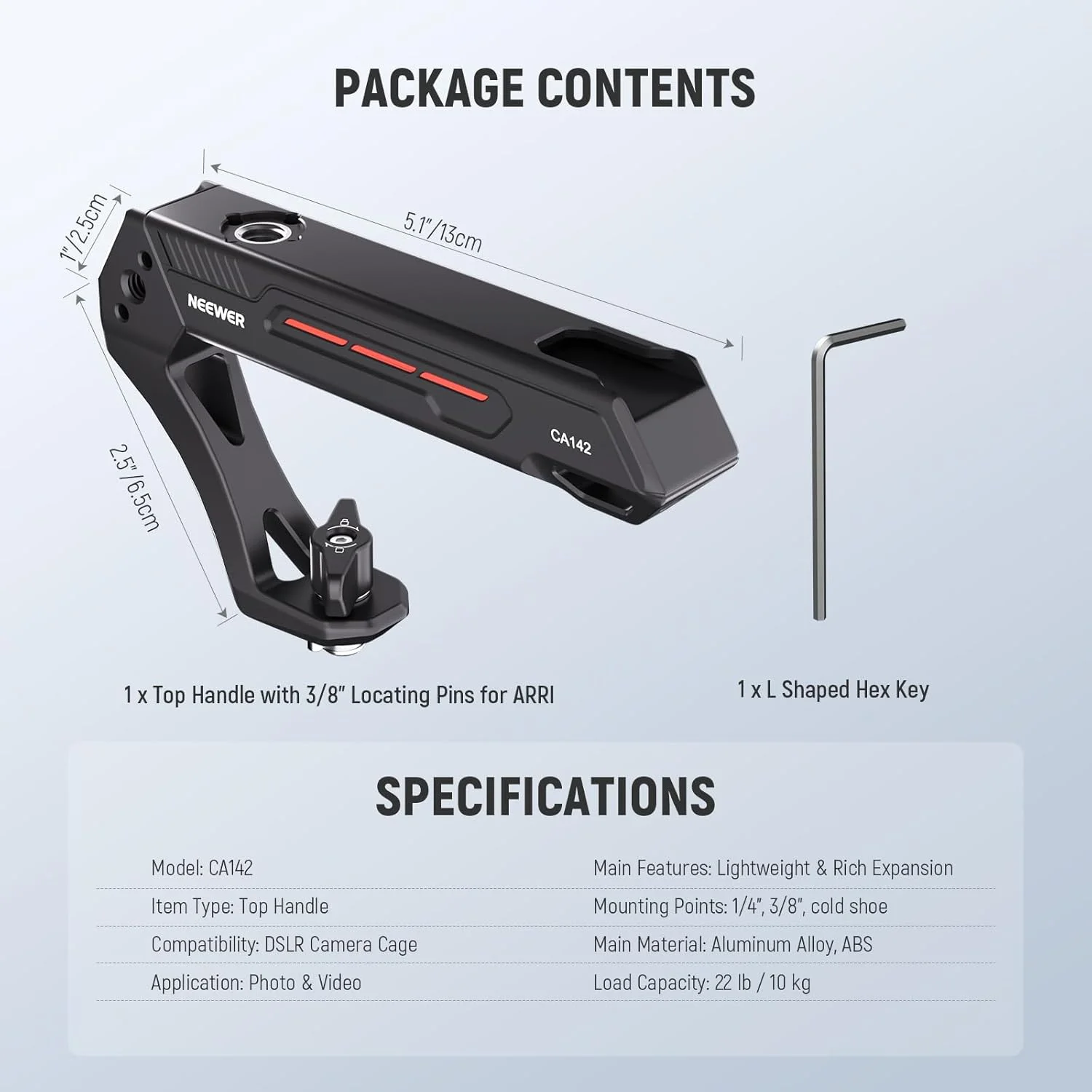 دستگیره بالایی سبک وزن دوربین NEEWER BASIC با پین تعیین موقعیت 3/8 اینچی برای ARRI، دستگیره پلاستیکی قوی بدنه با سوراخ های پیچ 1/4 و 3/8 اینچی و مانت کفشک سرد برای نور ویدئو میکروفون، حداکثر بار 10 کیلوگرم، CA142 دستگیره بالایی سبک وزن دوربین NEEWER BASIC با پین تعیین موقعیت 3/8 اینچی برای ARRI، دستگیره پلاستیکی قوی بدنه با سوراخ های پیچ 1/4 و 3/8 اینچی و مانت کفشک سرد برای نور ویدئو میکروفون، حداکثر بار 10 کیلوگرم، CA142