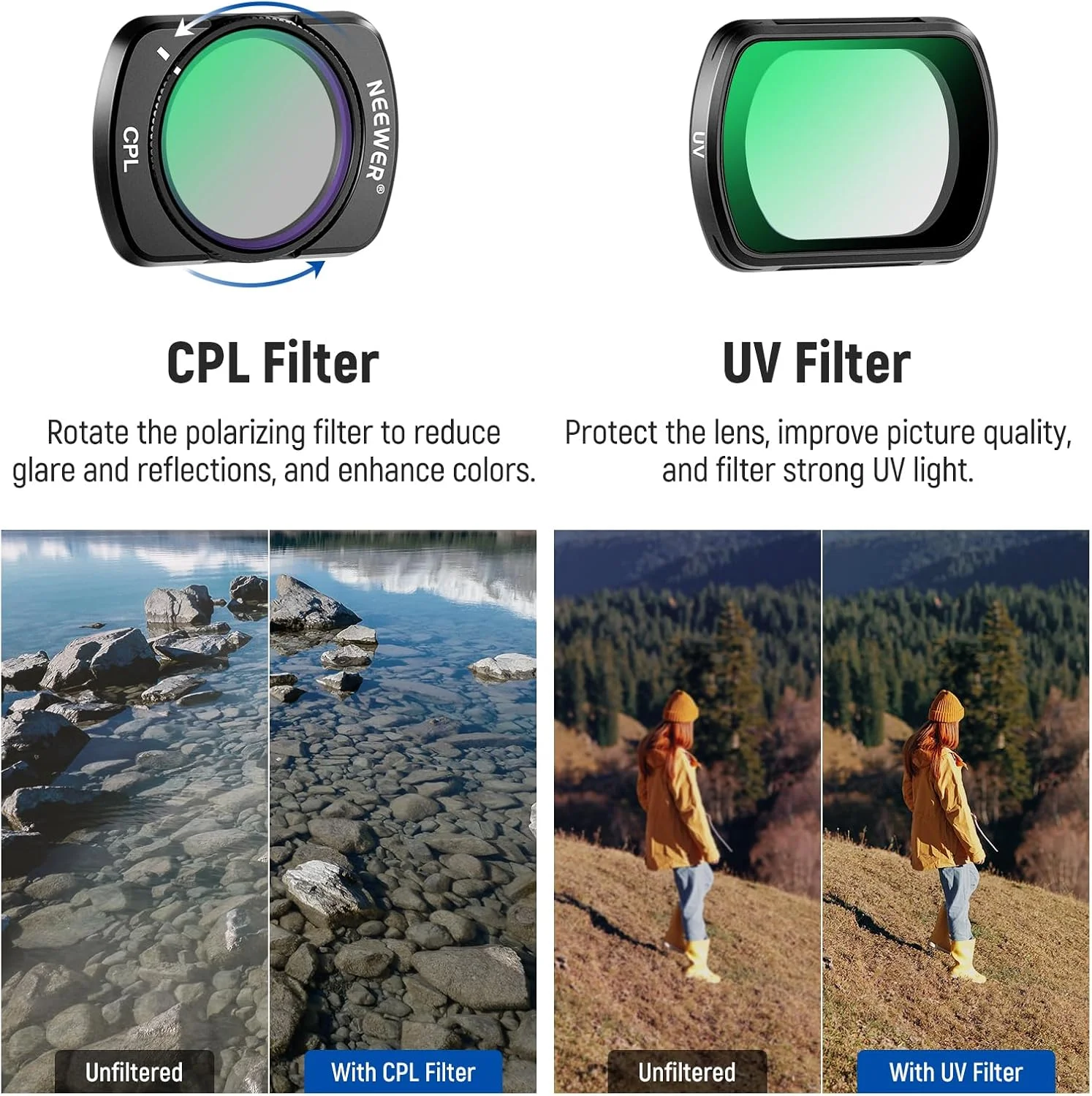 مجموعه فیلتر NEEWER شامل فیلتر ND متغیر، فیلتر پلاریزه CPL و فیلتر UV، سازگار با لوازم جانبی DJI Osmo Pocket 3 Creator Combo، مجموعه 4 عددی فیلتر لنز دوربین اکشن HD ND2-32/ND64-512