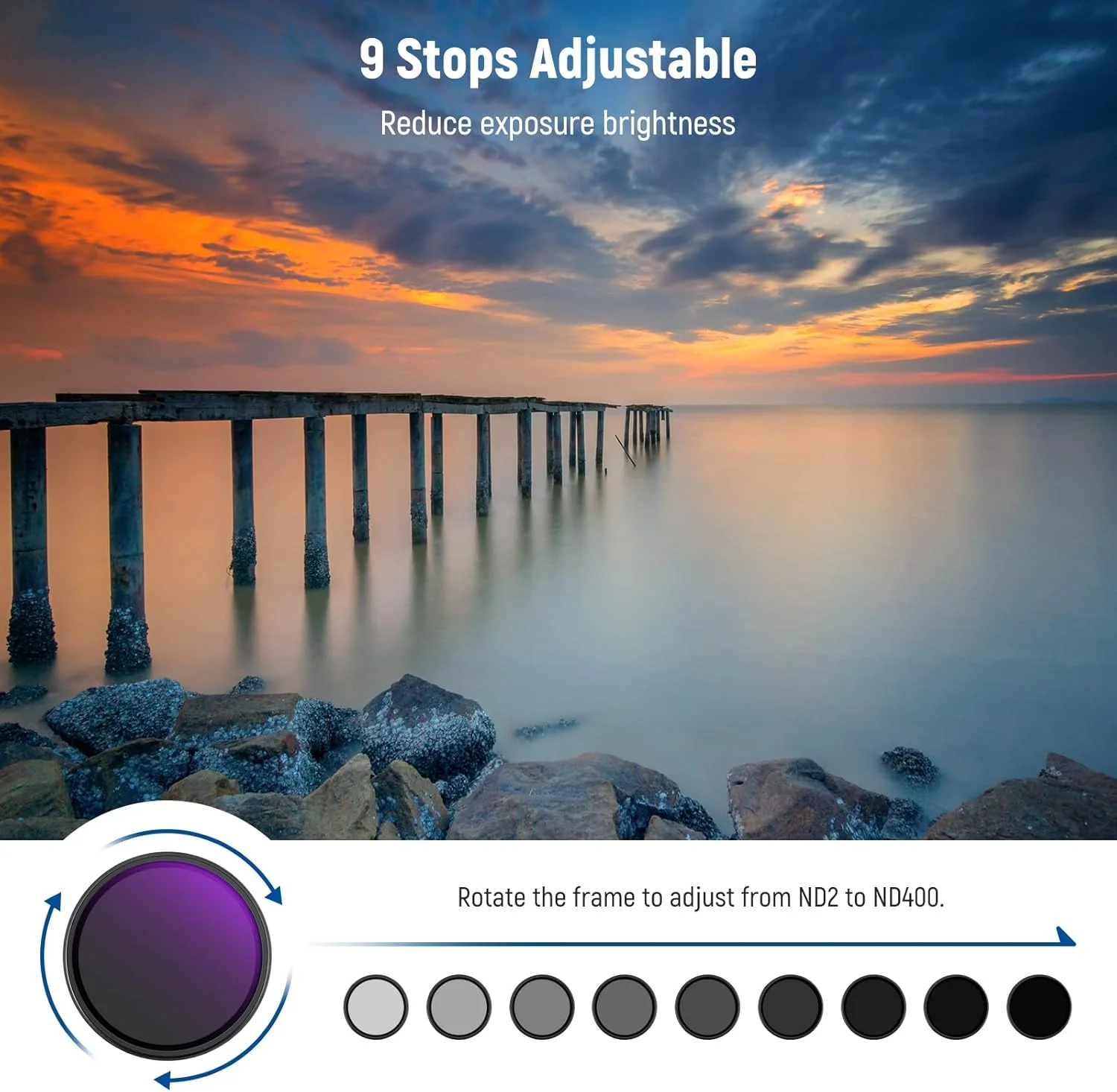 فیلتر متغیر ND با محدوده ND2-400 (1-9 استاپ) نیور 72 میلیمتری به همراه درپوش لنز، بند گردنی، دستمال تمیزکننده، تنظیم دقیق چگالی خنثی، مقاوم در برابر اثر انگشت و خراش، شیشه اپتیکال چند لایه فیلتر متغیر ND با محدوده ND2-400 (1-9 استاپ) نیور 72 میلیمتری به همراه درپوش لنز، بند گردنی، دستمال تمیزکننده، تنظیم دقیق چگالی خنثی، مقاوم در برابر اثر انگشت و خراش، شیشه اپتیکال چند لایه