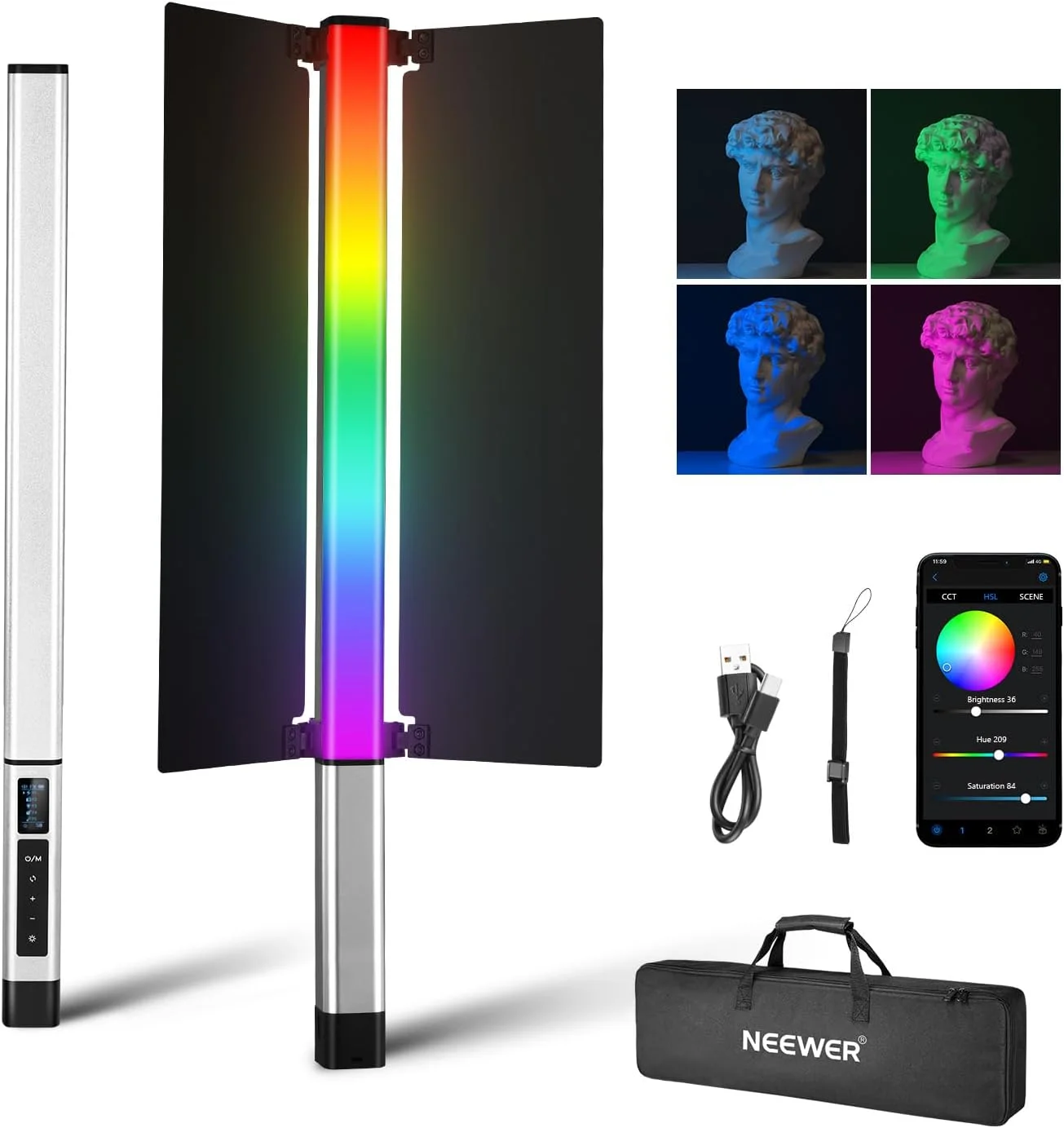 چراغ LED دستی RGB مدل NEEWER CL124 II با قابلیت کنترل از طریق اپلیکیشن، باتری 3200mAh، نور 360 درجه با توان 16 وات، دمای رنگ 2500K-10000K، دیمر PWM، روشنایی 1560lux/0.5m، CRI97+ و 17 حالت نوری برای عکاسی