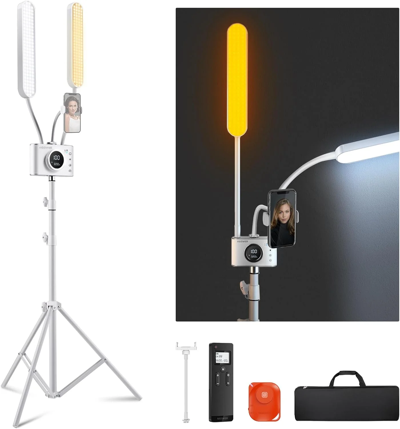 نور NEEWER با نگهدارنده تلفن و کیف حمل، کنترل 2.4G/PC/MAC و کنترل جداگانه 2 سر نور، نور مژه و تاتو پیوسته قابل تنظیم CRI98+ دو رنگ BH40B