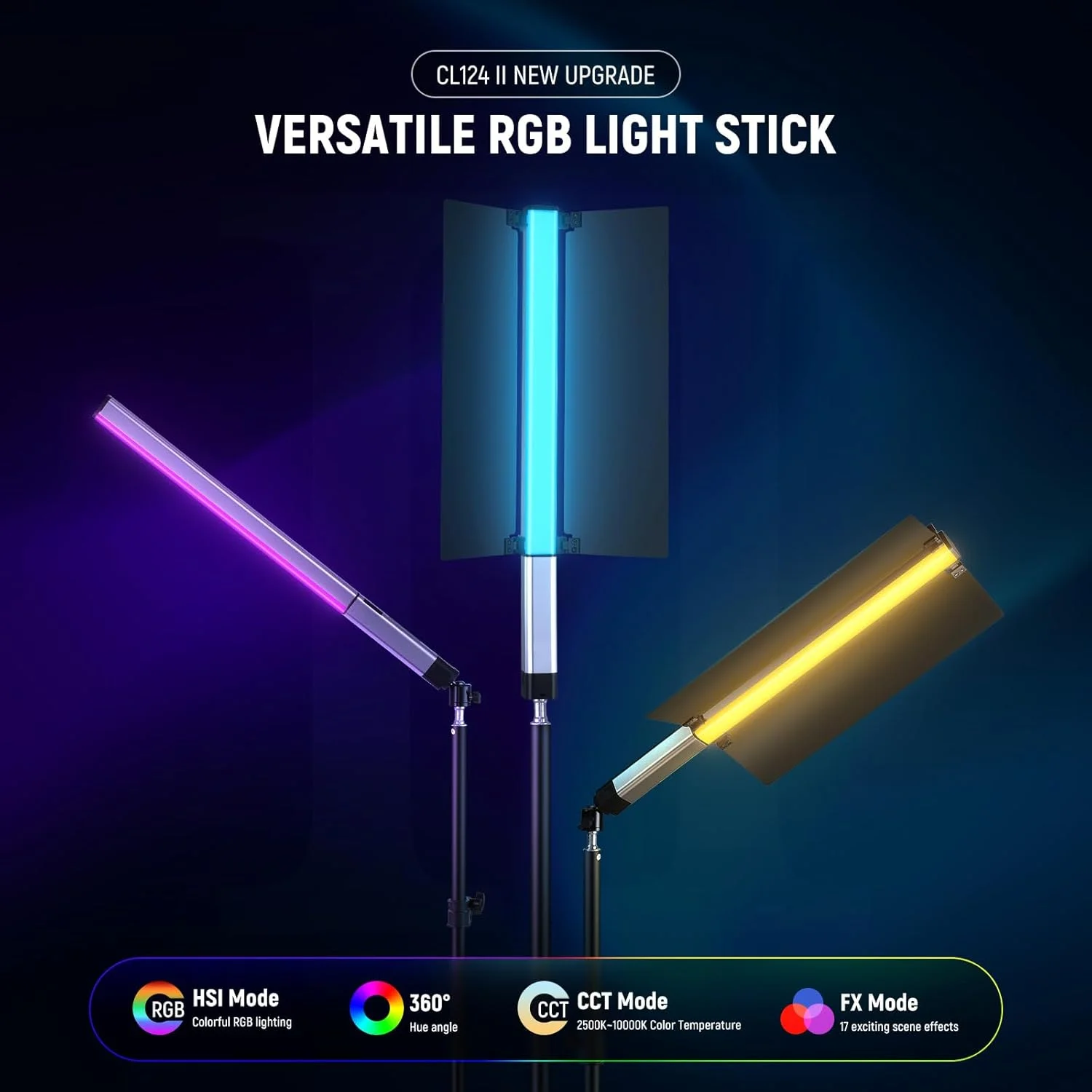 چراغ LED دستی RGB مدل NEEWER CL124 II با قابلیت کنترل از طریق اپلیکیشن، باتری 3200mAh، نور 360 درجه با توان 16 وات، دمای رنگ 2500K-10000K، دیمر PWM، روشنایی 1560lux/0.5m، CRI97+ و 17 حالت نوری برای عکاسی