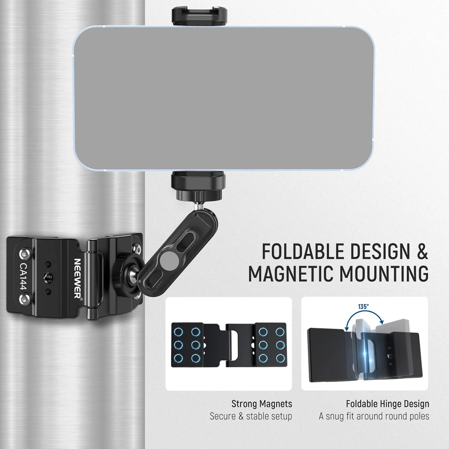 پایه مغناطیسی نرده NEEWER سازگار با Mevo Start Pocket Radar GoPro Insta360 DJI، کیت نصب دوگانه سازگار با برنامه GameChanger برای پخش زنده بیسبال، پایه فلزی دوربین، CA144