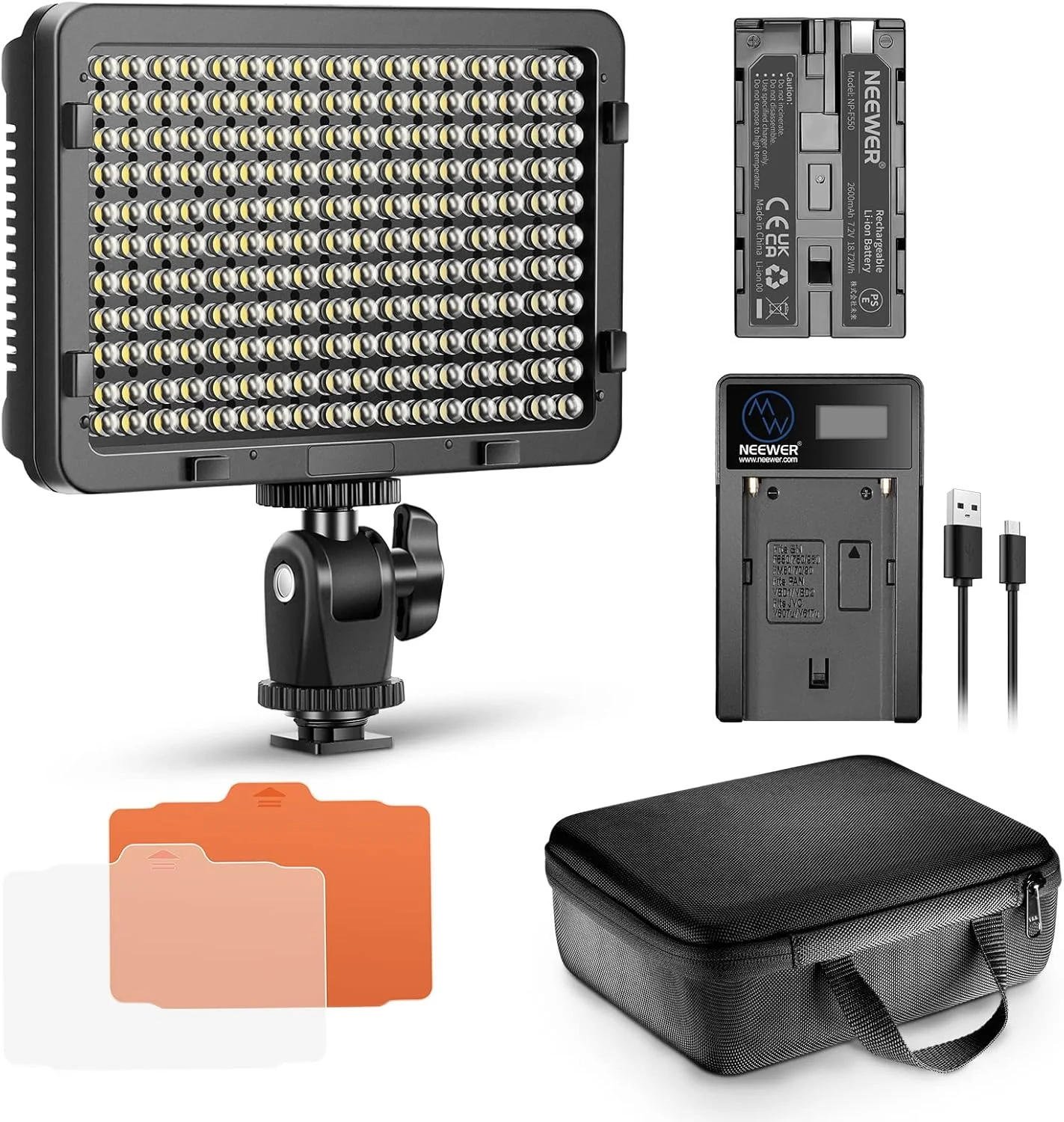 نور ویدئویی 176 LED نیور: پنل 176 LED با قابلیت تنظیم نور، به همراه باتری لیتیوم یونی 2600mAh، شارژر باتری USB و کیف حمل برای عکاسی محصول و پرتره