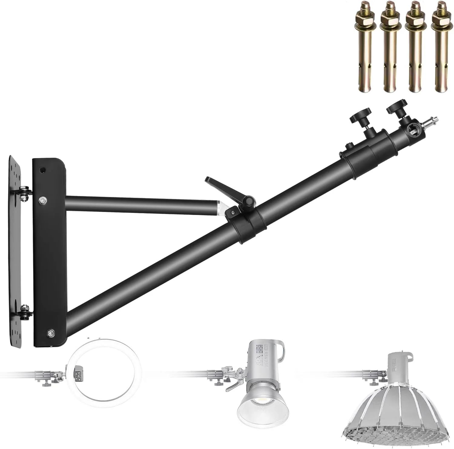 بازوی بوم دیواری NEEWER با پایه مثلثی برای نور استودیویی عکاسی، نور تک، سافت باکس، چتر، رفلکتور، چرخش 180 درجه، حداکثر طول 169 سانتی متر (مشکی)