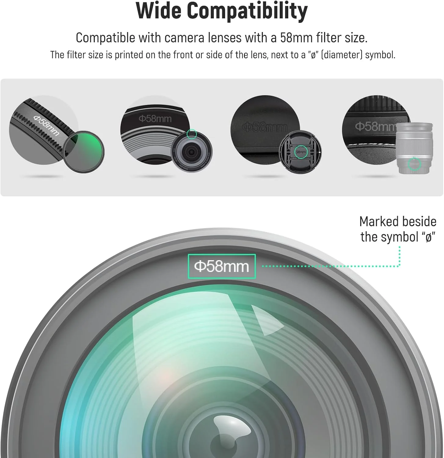 درب لنز 58 میلی‌متری Neewer (دو عددی)، پوشش لنز با بند ضد گم شدن و پارچه تمیز کننده، سازگار با لنز دوربین های کانن نیکون سونی فوجی فیلم پاناسونیک با قطر 58 میلی متر