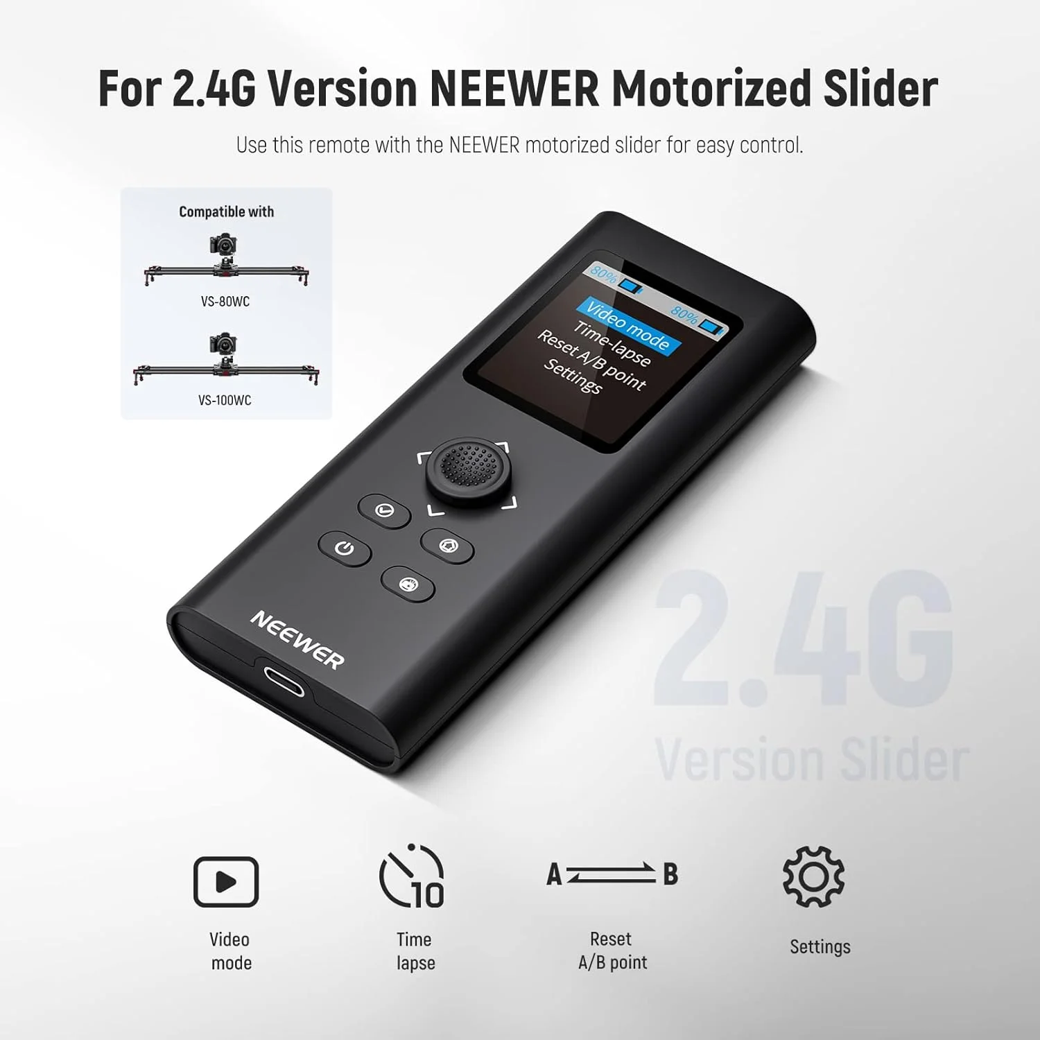 ریموت کنترل 2.4G ارتقا یافته NEEWER برای لغزنده دوربین موتوری، پشتیبانی از حالت ویدئو، عکاسی تایم لپس برای لغزنده ریلی دالی فیبر کربن NEEWER VS-80WC/100WC, ER1-120/100/80 （RT-08）