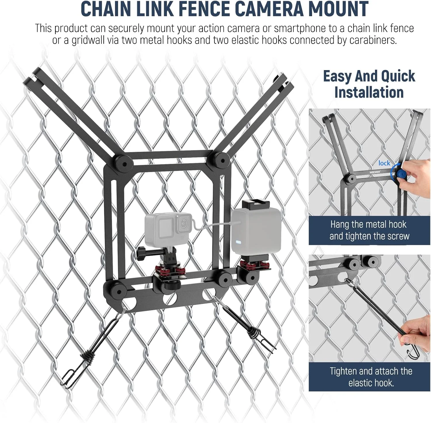 نگهدارنده تلفن همراه NEEWER مدل Phone Fence Mount به همراه هولدر تلفن برای نصب آسان، جذب کننده ضربه، سازگار با تورهای زنجیری زمین های تنیس و بیسبال، دوربین های اکشن GoPro Insta360 DJI و iPhone مدل PA022 - مشکی