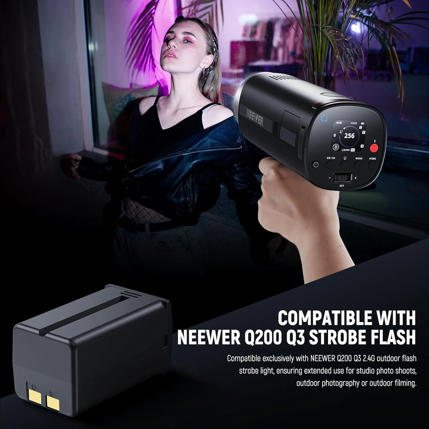 باتری جایگزین NEEWER Q200 Q3، بسته باتری لیتیوم یونی قابل شارژ 14.8 ولت / 3200 میلی آمپر ساعت فقط برای فلاش استروب نور فضای باز Q200 Q3 برای عکاسی در فضای باز، NB-Q200