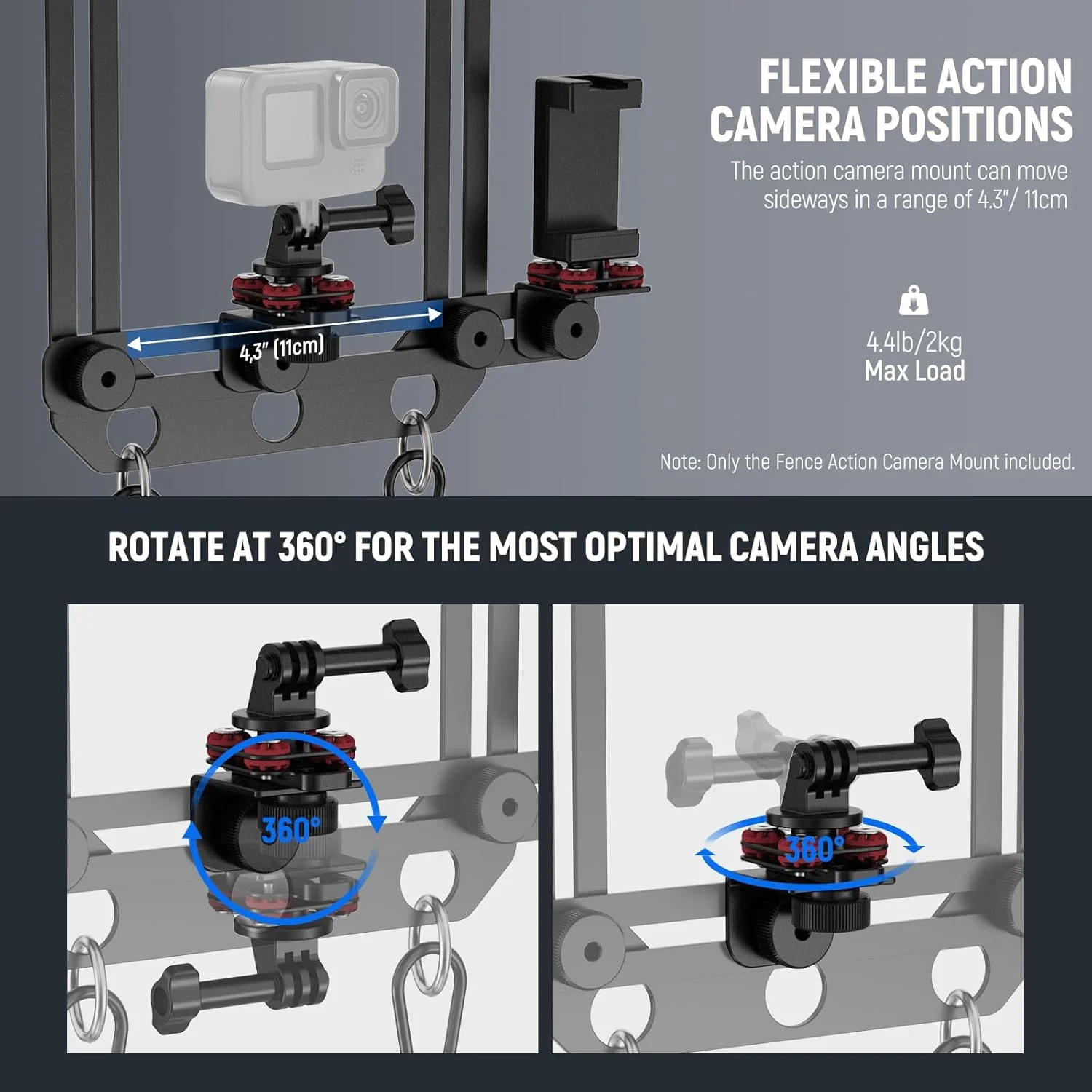 نگهدارنده تلفن همراه NEEWER مدل Phone Fence Mount به همراه هولدر تلفن برای نصب آسان، جذب کننده ضربه، سازگار با تورهای زنجیری زمین های تنیس و بیسبال، دوربین های اکشن GoPro Insta360 DJI و iPhone مدل PA022 - مشکی