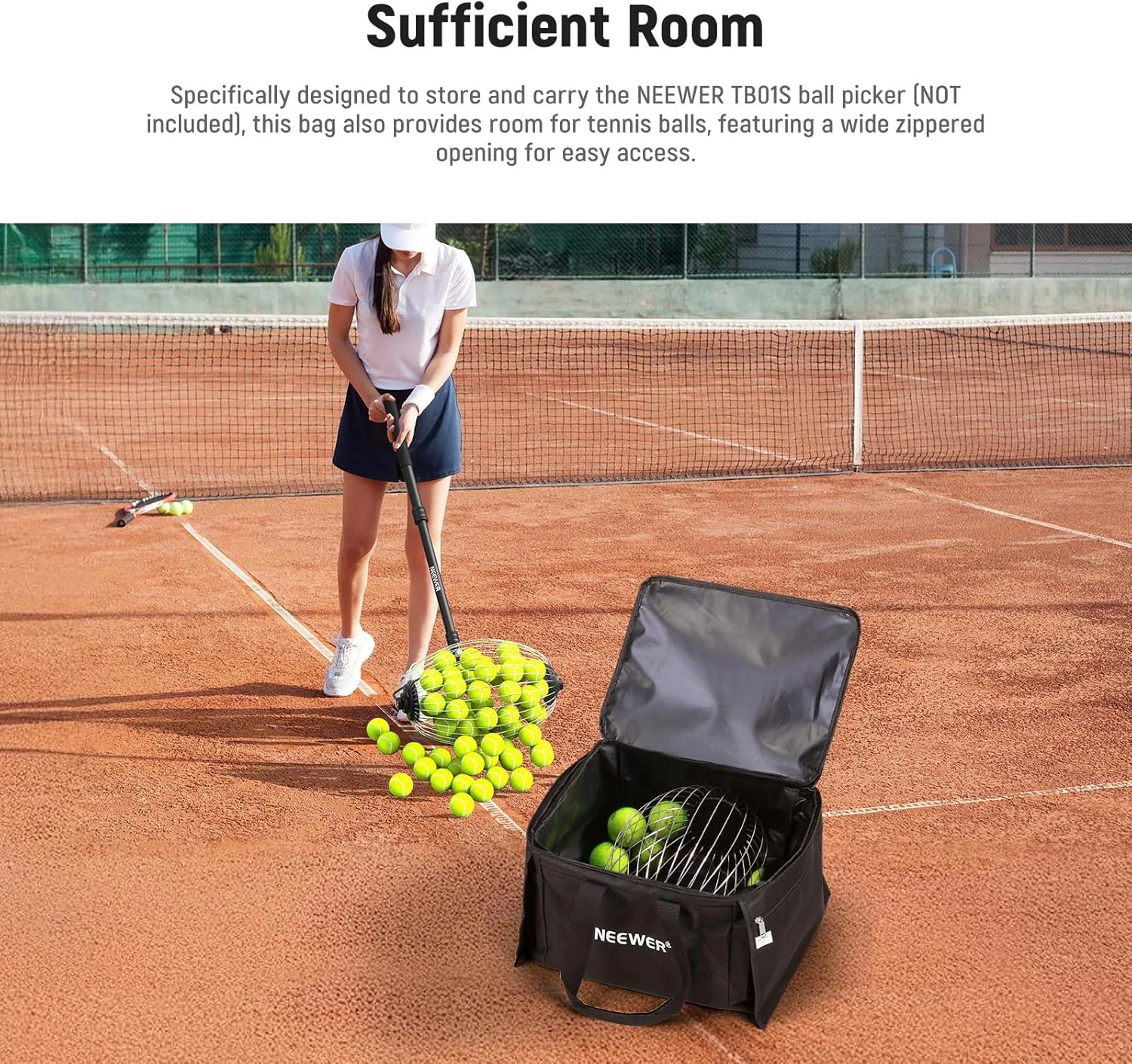 سبد توپ تنیس و پیکل بال NEEWER برای 110 توپ، کیف حمل پلی استر سنگین برای غلتک توپ تنیس NEEWER TB01S، سبد نگهدارنده قابل حمل و سبک وزن توپ بیسبال و گلف با جیب های جانبی، مدل TB01B