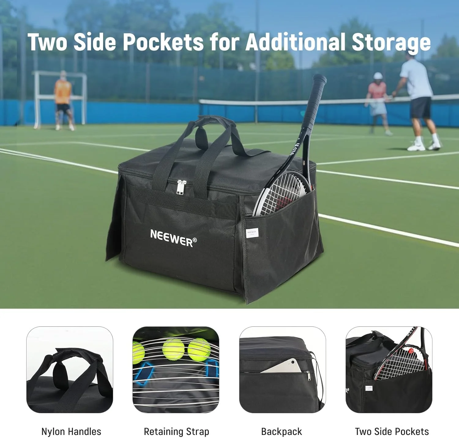 سبد توپ تنیس و پیکل بال NEEWER برای 110 توپ، کیف حمل پلی استر سنگین برای غلتک توپ تنیس NEEWER TB01S، سبد نگهدارنده قابل حمل و سبک وزن توپ بیسبال و گلف با جیب های جانبی، مدل TB01B