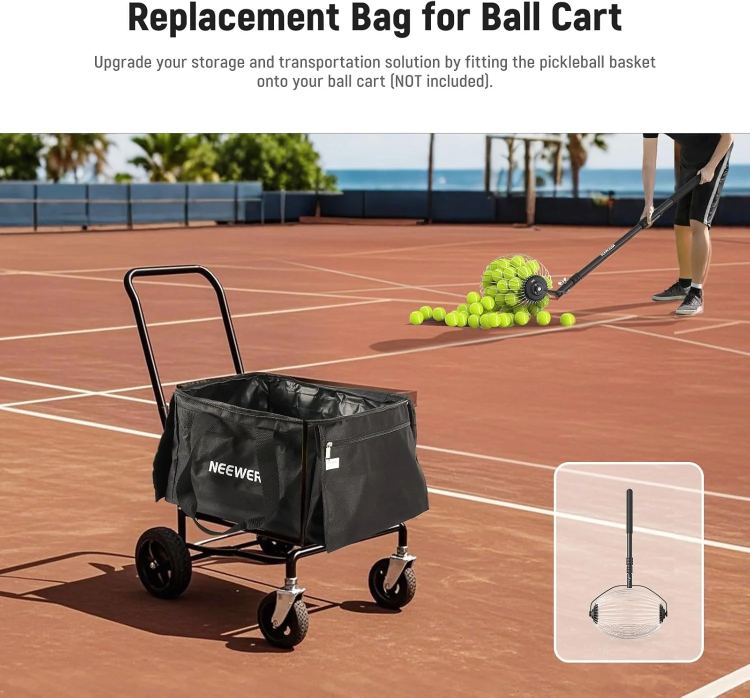 سبد توپ تنیس و پیکل بال NEEWER برای 110 توپ، کیف حمل پلی استر سنگین برای غلتک توپ تنیس NEEWER TB01S، سبد نگهدارنده قابل حمل و سبک وزن توپ بیسبال و گلف با جیب های جانبی، مدل TB01B
