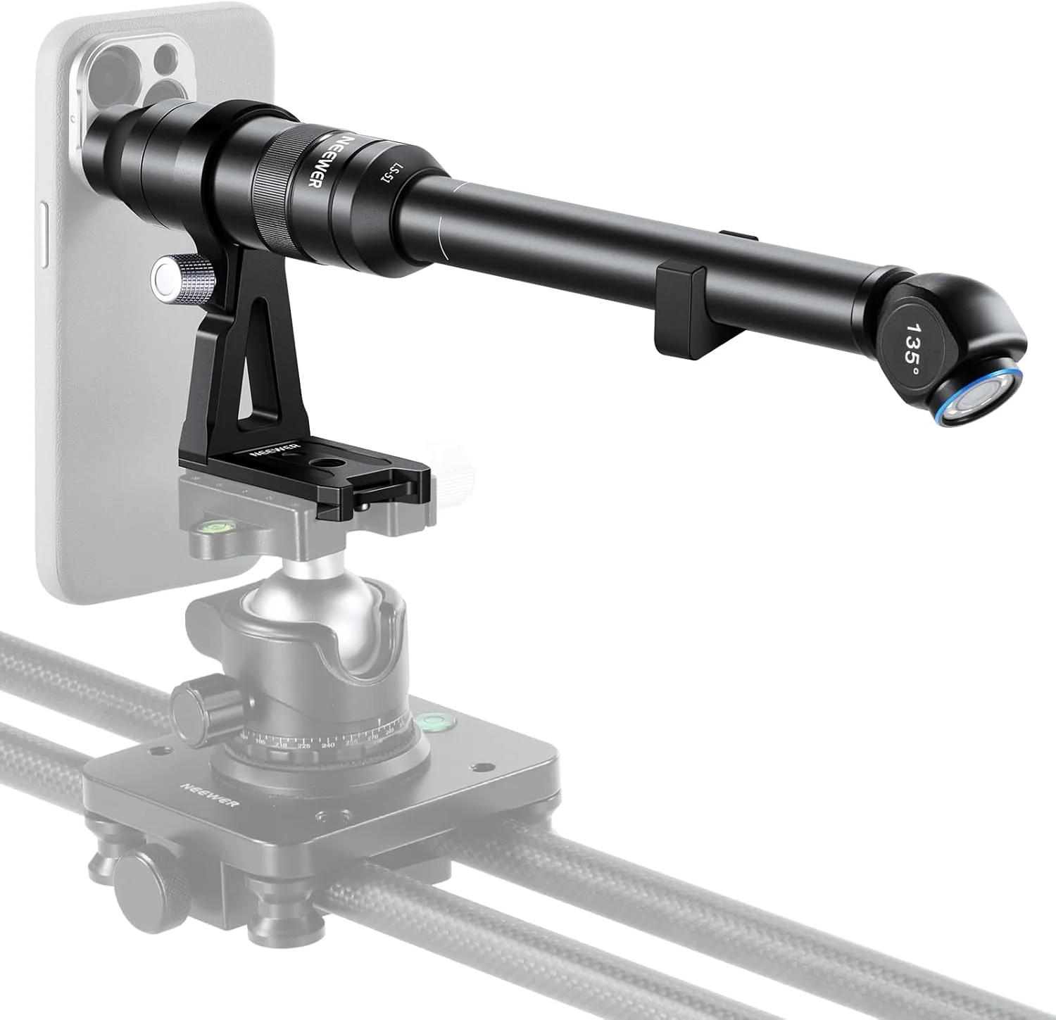لنز ماکرو پروب NEEWER با زاویه 135 درجه و فاصله 18 میلی‌متر و رزوه 17 میلی‌متری برای ضبط ویدیو با موبایل، مناسب برای قفس/قاب موبایل NEEWER با آداپتور لنز 17 میلی‌متری سازگار با آیفون سامسونگ، LS-51