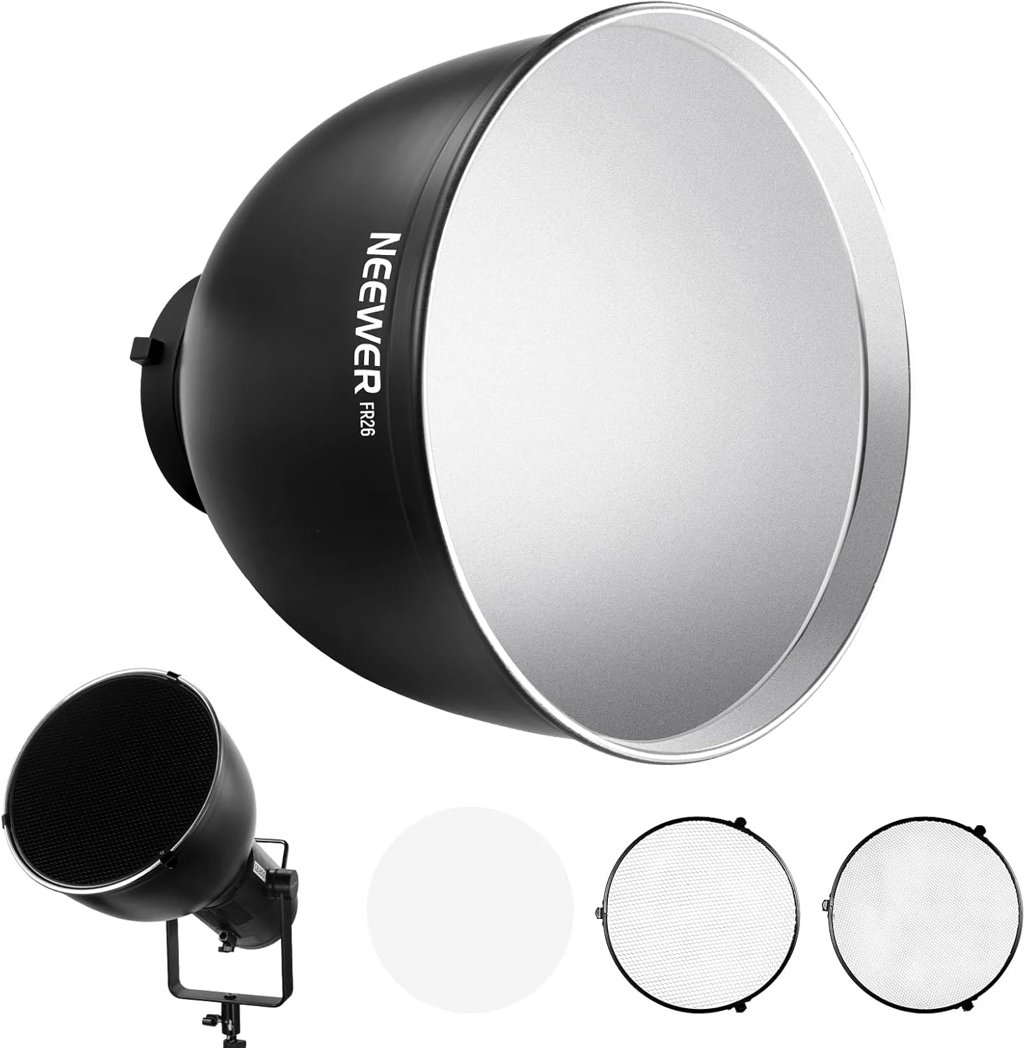 نورافکن متوسط 26.5 سانتی‌متری Neewer با مانت بوئنز، به همراه گرید شانه‌عسلی 15°/30° و پارچه نرم، سایه لامپ پخش‌کننده 45 درجه سازگار با فلاش استودیویی Godox مدل FR26