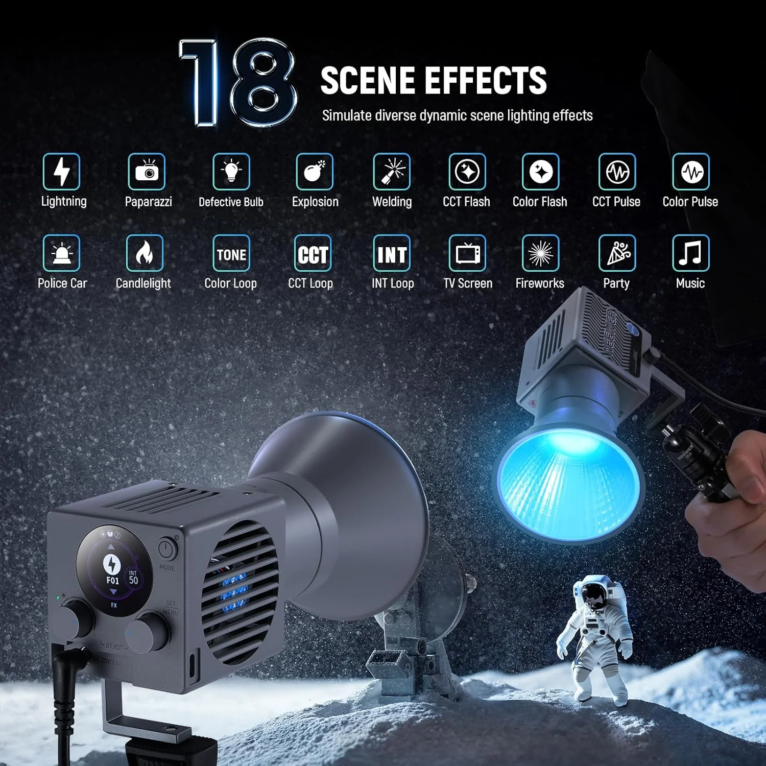 نور ویدئویی ال ای دی RGB قابل حمل 60 وات نیور، نورافکن دستی، کنترل پنل/2.4G/برنامه، 18 صحنه 8700Lux/1m 2700-6500K CRI97+ نورپردازی مداوم COB دیمرپذیر برای استریم، استودیو، عکاسی، HS60C