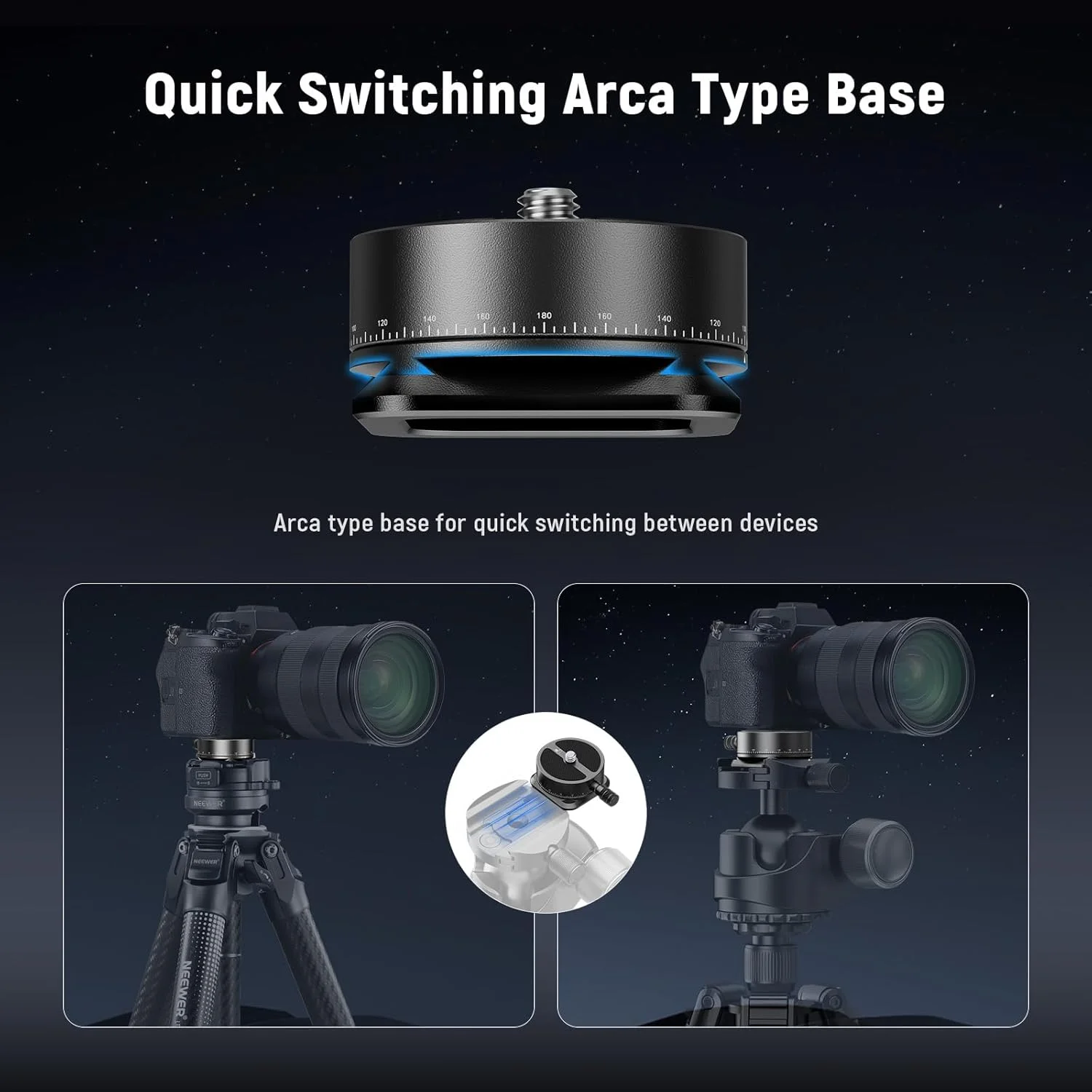 صفحه رهاسازی سریع پانوراما Neewer، آداپتور پایه سه پایه دوربین با سر چرخان 360 درجه مدرج با پایه نوع Arca و پیچ 1/4 اینچی برای دوربین DSLR، سه پایه دوربین فیلمبرداری، تک پایه، لغزنده، حداکثر بار 5 کیلوگرم، QRP-6