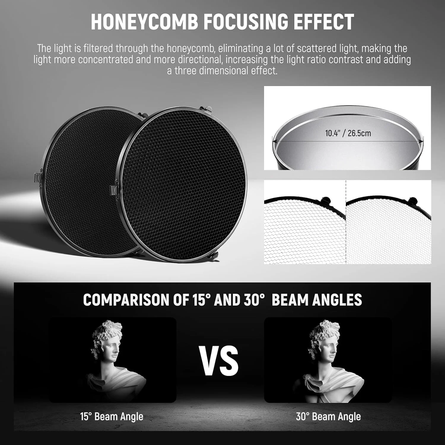 نورافکن متوسط 26.5 سانتی‌متری Neewer با مانت بوئنز، به همراه گرید شانه‌عسلی 15°/30° و پارچه نرم، سایه لامپ پخش‌کننده 45 درجه سازگار با فلاش استودیویی Godox مدل FR26