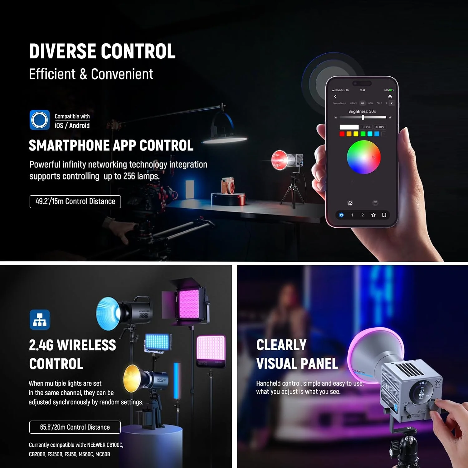 نور ویدئویی ال ای دی RGB قابل حمل 60 وات نیور، نورافکن دستی، کنترل پنل/2.4G/برنامه، 18 صحنه 8700Lux/1m 2700-6500K CRI97+ نورپردازی مداوم COB دیمرپذیر برای استریم، استودیو، عکاسی، HS60C