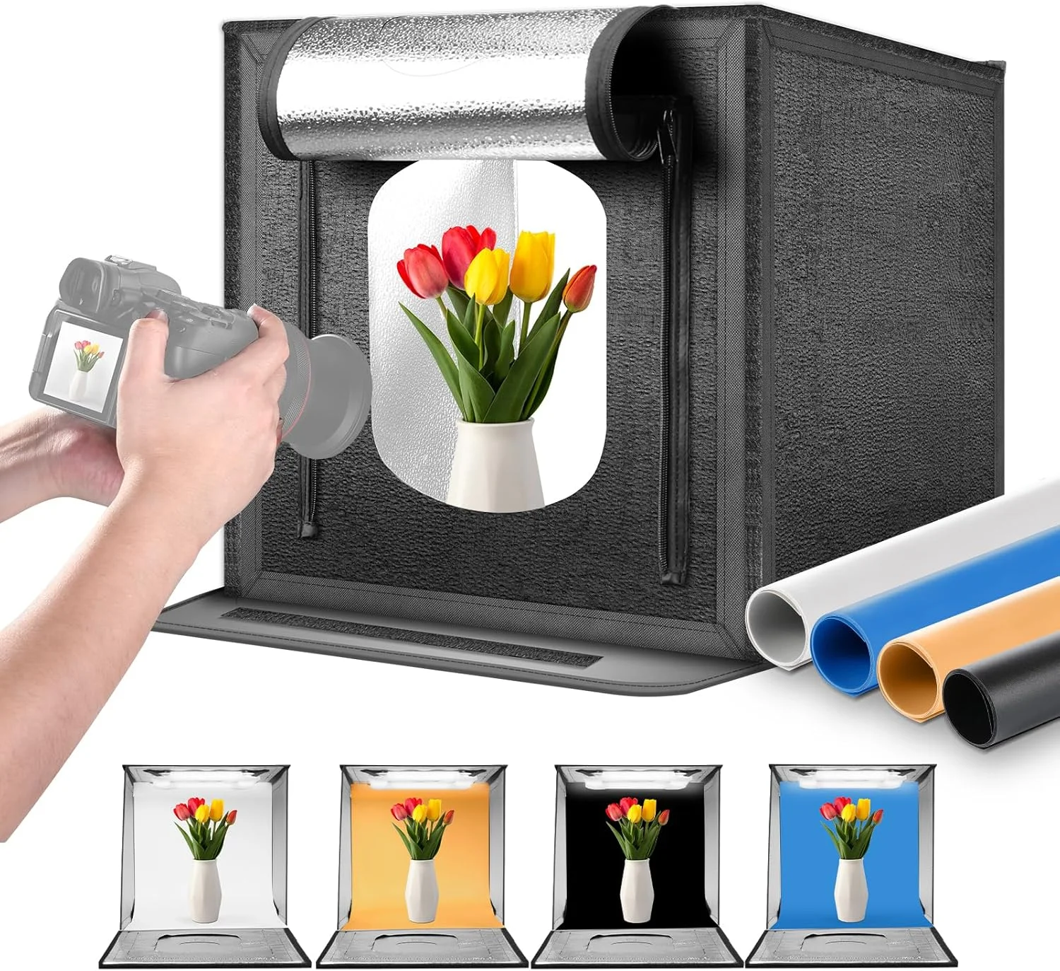 جعبه نور استودیویی عکس NEEWER ارتقا یافته، چادر عکاسی 60x60 سانتی‌متری بدون تابش خیره‌کننده با 4 پس‌زمینه رنگی، 160 LED با دمای رنگ 5600K CRI97+/TLCI98+، میز تاشو قابل تنظیم برای لوازم الکترونیکی و جواهرات، مدل LP60