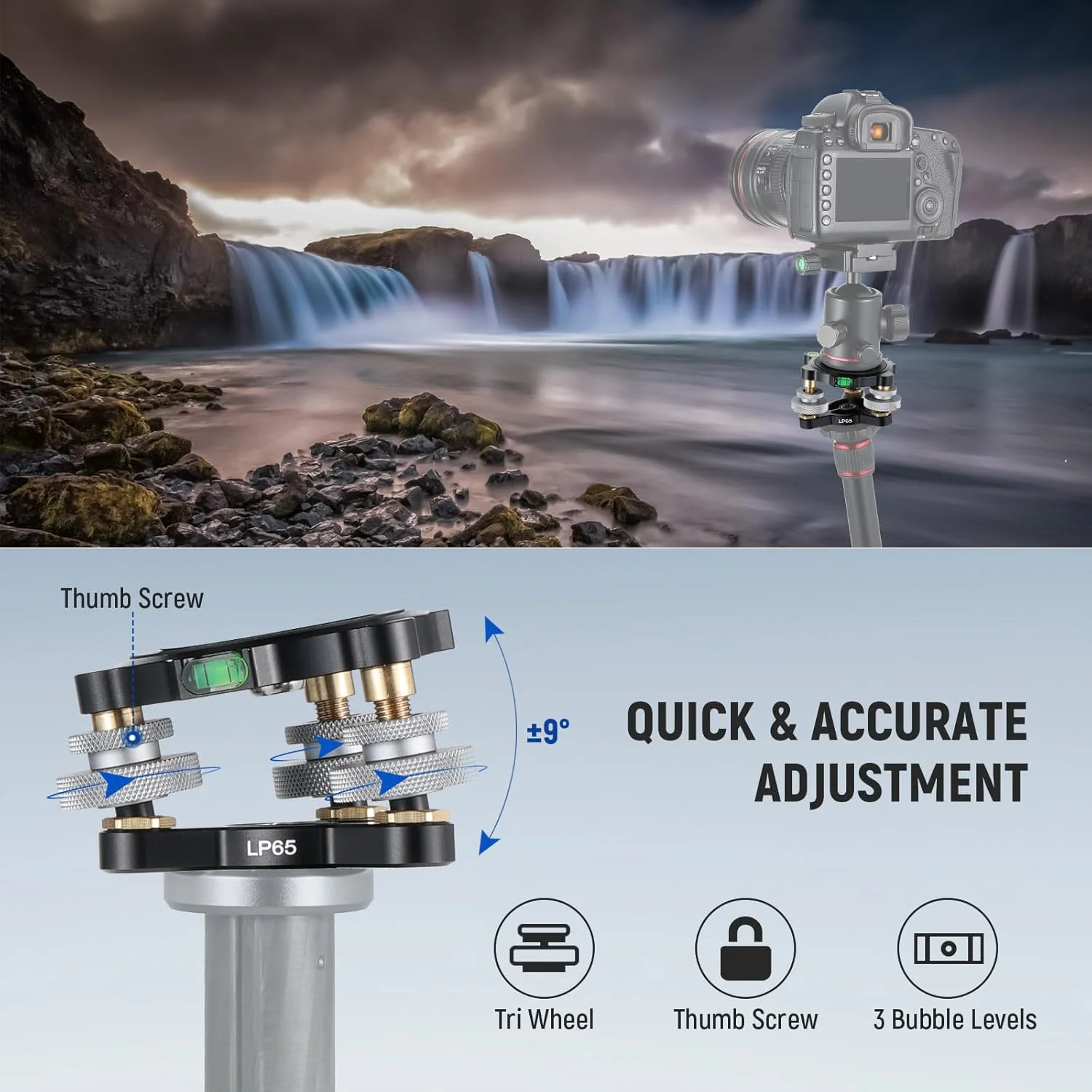 پایه تراز کننده سر سه پایه دوربین نیور، سر فلزی چرخ دار 3 محوره با ترازهای حبابی، پیچ و رزوه 3/8 اینچی، تنظیم زاویه دقیق +/-9 درجه برای عکاسی پانوراما ماکرو، حداکثر بار 15 کیلوگرم، LP65