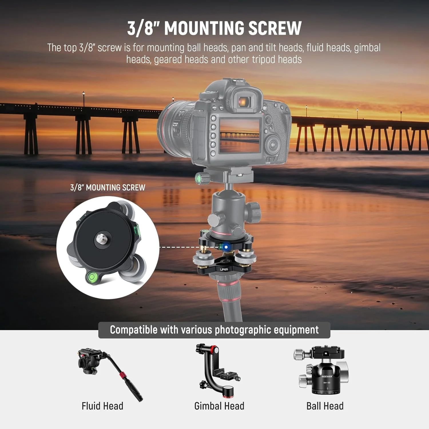 پایه تراز کننده سر سه پایه دوربین نیور، سر فلزی چرخ دار 3 محوره با ترازهای حبابی، پیچ و رزوه 3/8 اینچی، تنظیم زاویه دقیق +/-9 درجه برای عکاسی پانوراما ماکرو، حداکثر بار 15 کیلوگرم، LP65