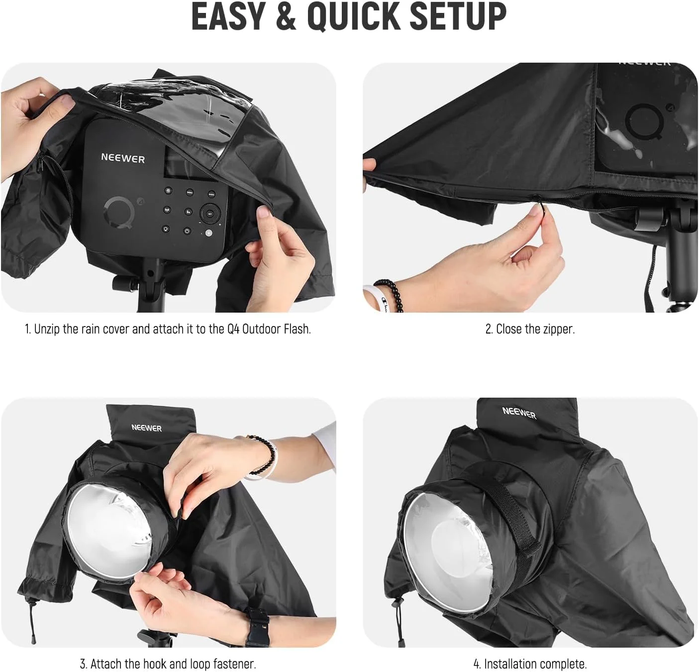 محافظ باران NEEWER برای فلاش استروب Q4 فضای باز، بارانی لنز دوربین نایلونی با پنجره دید، آستین ها، بست های لمسی، بند کشی، فقط سازگار با نور استروب NEEWER Q4، CQP1