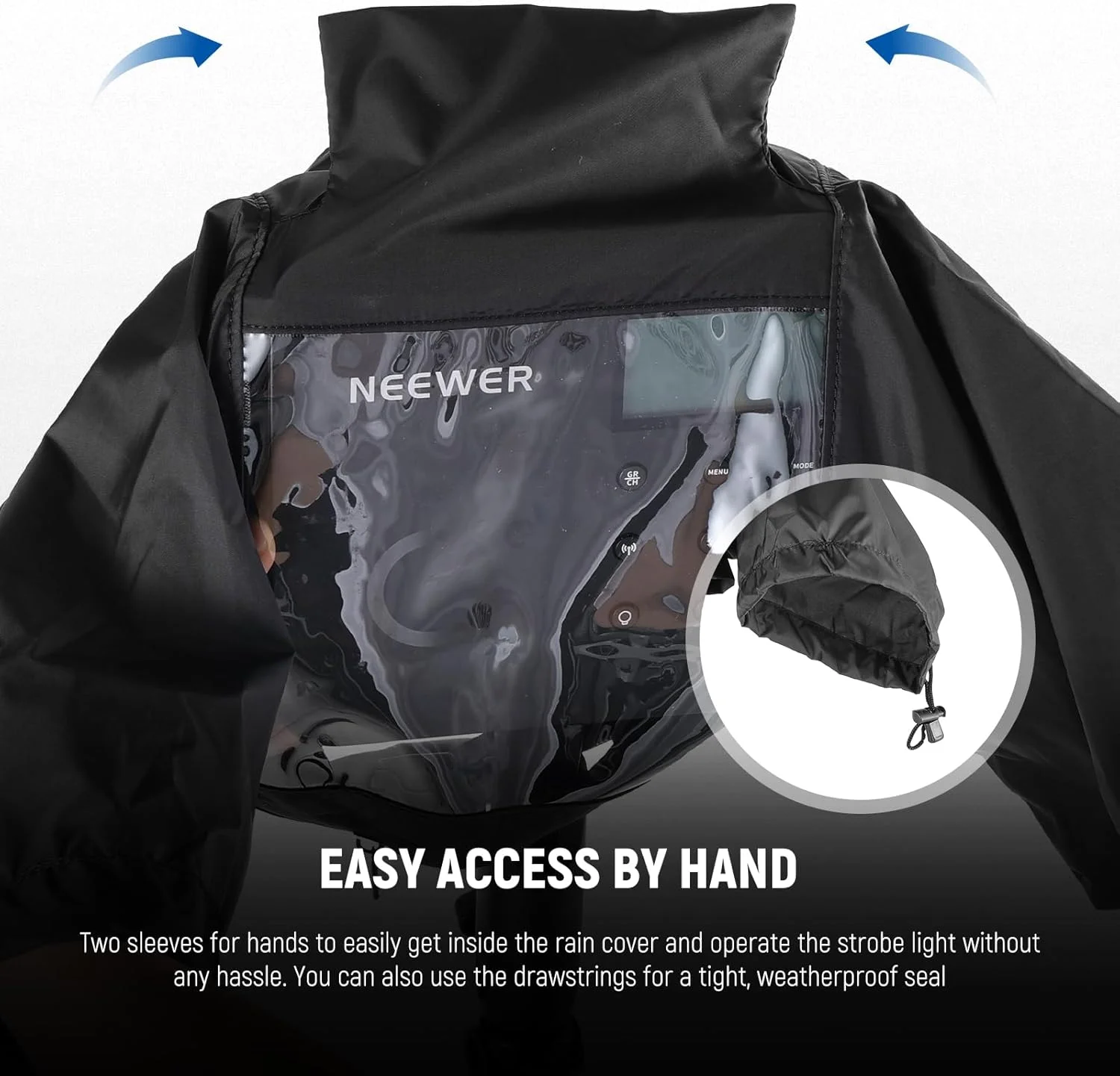محافظ باران NEEWER برای فلاش استروب Q4 فضای باز، بارانی لنز دوربین نایلونی با پنجره دید، آستین ها، بست های لمسی، بند کشی، فقط سازگار با نور استروب NEEWER Q4، CQP1