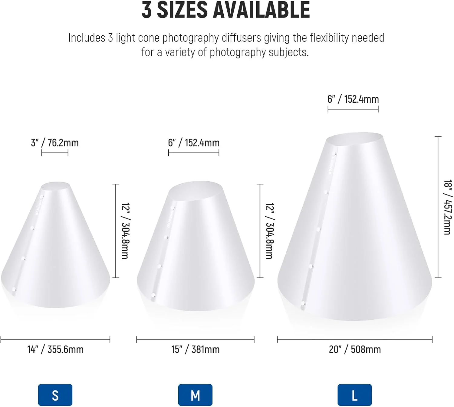 NEEWER بسته 3 عددی پخش کننده نور مخروطی برای عکاسی (14 اینچ/15 اینچ/20 اینچ)، پخش نور 360 درجه PC مخروطی برای عکاسی از اشیاء بازتابنده، جایگزین برای جعبه عکس عکاسی از محصول جواهرات، NK001