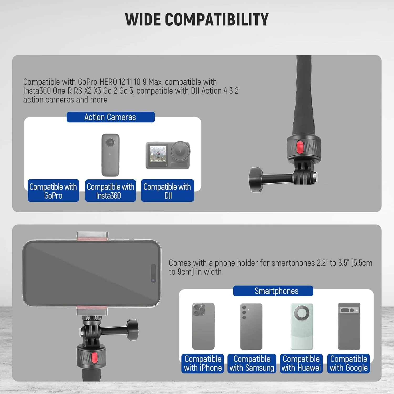 پایه انعطاف پذیر موبایل NEEWER با اتصال مغناطیسی سریع برای دوربین های اکشن سازگار با GoPro Insta360 DJI Action 4 iPhone، مونوپاد تاشو برای سبد خرید/باشگاه، GP-17