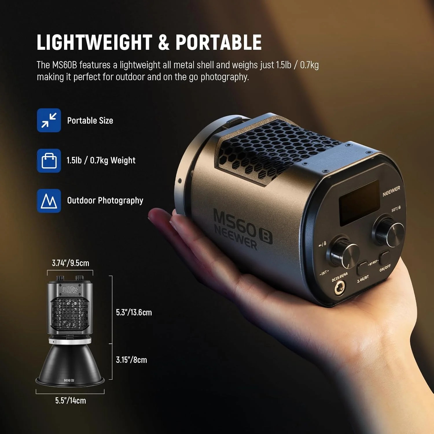 نور ویدئویی ال ای دی COB نیور MS60B 65W با کیت باتری، کنترل 2.4G/APP، 2 عدد باتری 7800mAh NP-F970، شارژ سریع، 2700K-6500K، دیمینگ PWM، 40000lux/1m، CRI97+/TLCI98+، 12 صحنه