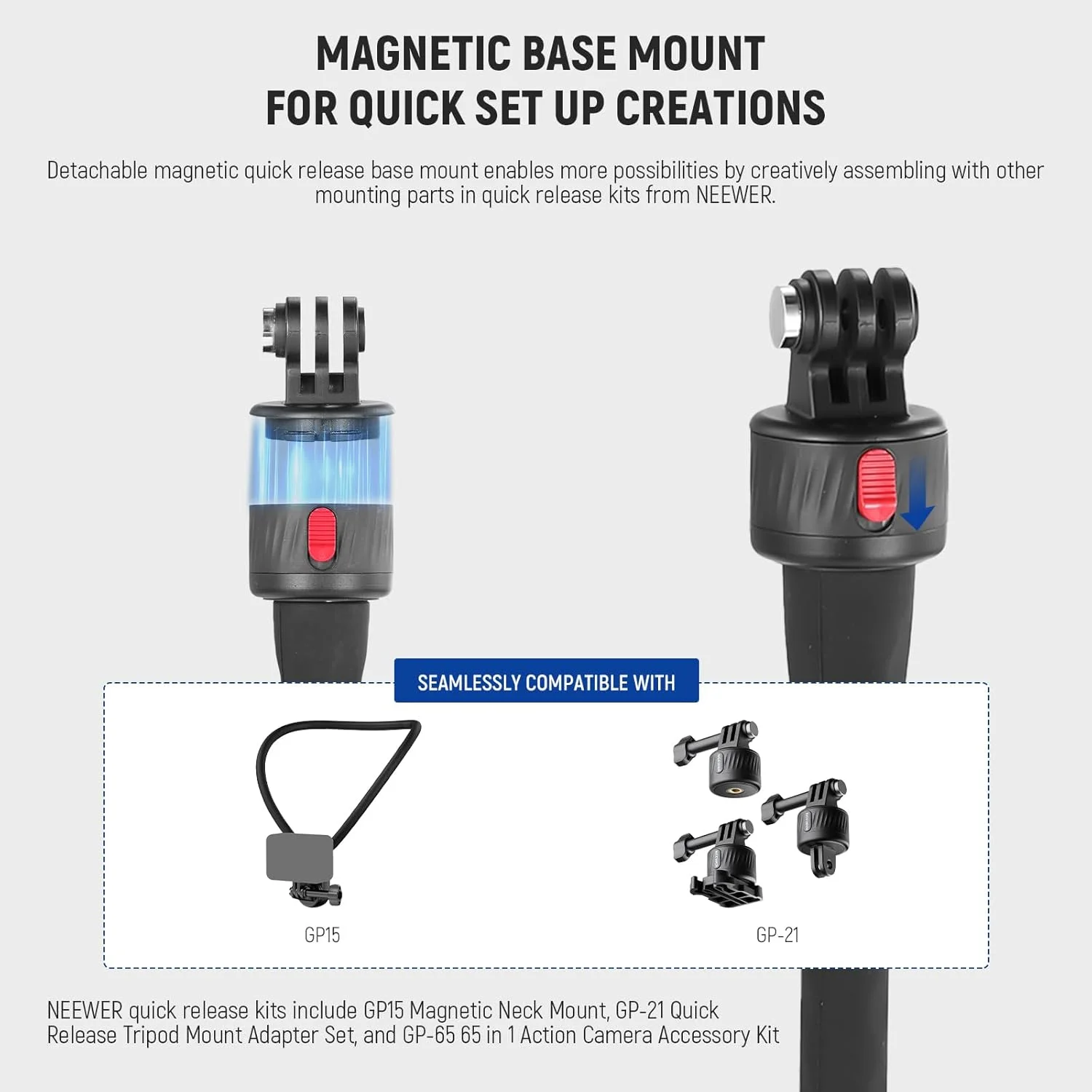 پایه انعطاف پذیر موبایل NEEWER با اتصال مغناطیسی سریع برای دوربین های اکشن سازگار با GoPro Insta360 DJI Action 4 iPhone، مونوپاد تاشو برای سبد خرید/باشگاه، GP-17