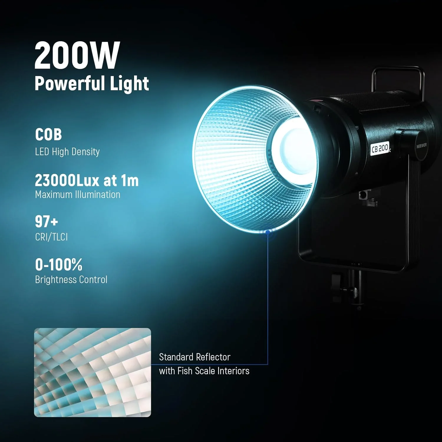 نور ویدئویی ال ای دی 200 وات RGBWW مدل NEEWER CB200C، با قابلیت کنترل از طریق اپلیکیشن/2.4G، رنگ 360 درجه، دمای رنگ 2500K-7500K (Duv±0.0003)، شدت روشنایی 23000lux/m، بدنه فلزی Bowens، خروجی پیوسته و بی صدا، TLCI/CRI97+ برای عکاسی و فیلمبرداری
