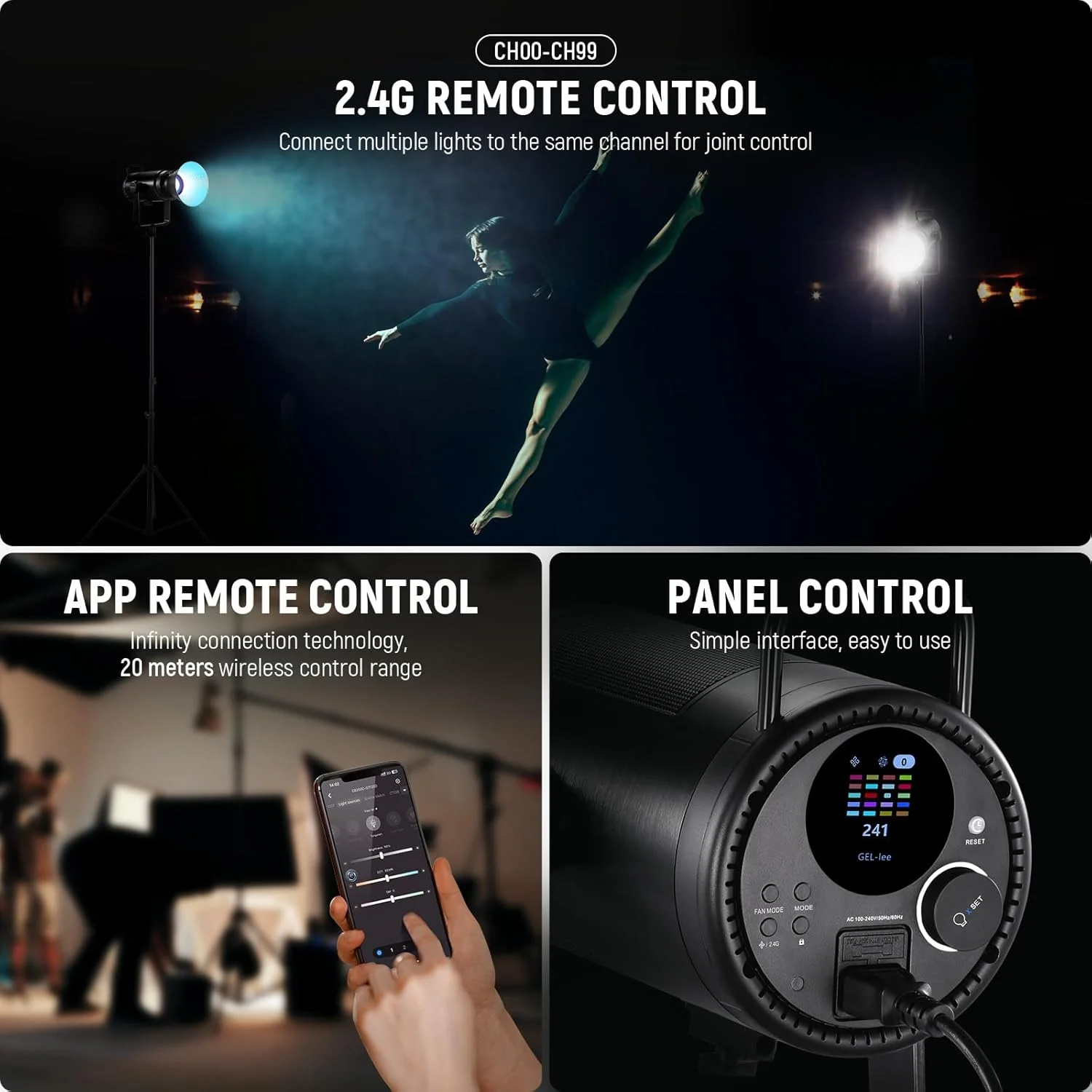 نور ویدئویی ال ای دی 200 وات RGBWW مدل NEEWER CB200C، با قابلیت کنترل از طریق اپلیکیشن/2.4G، رنگ 360 درجه، دمای رنگ 2500K-7500K (Duv±0.0003)، شدت روشنایی 23000lux/m، بدنه فلزی Bowens، خروجی پیوسته و بی صدا، TLCI/CRI97+ برای عکاسی و فیلمبرداری