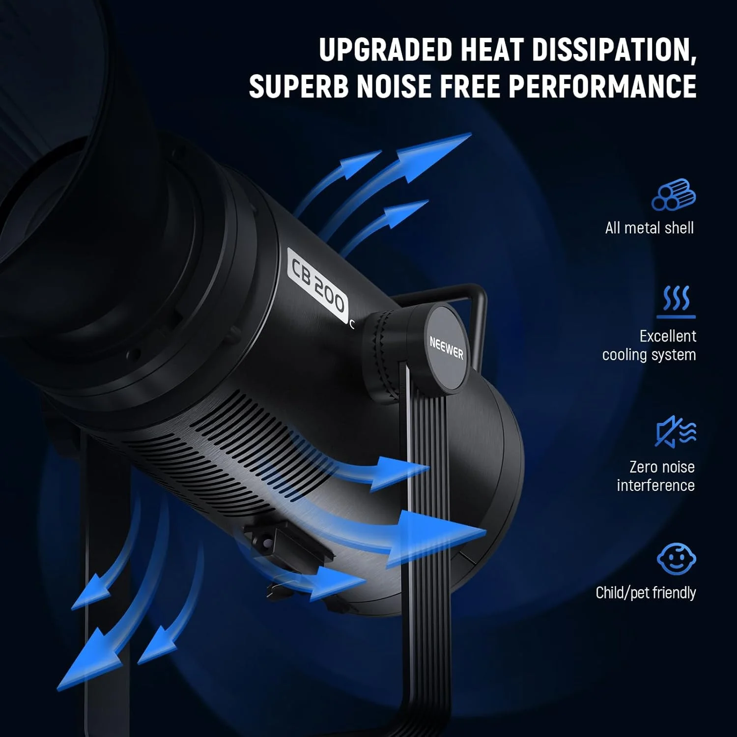 نور ویدئویی ال ای دی 200 وات RGBWW مدل NEEWER CB200C، با قابلیت کنترل از طریق اپلیکیشن/2.4G، رنگ 360 درجه، دمای رنگ 2500K-7500K (Duv±0.0003)، شدت روشنایی 23000lux/m، بدنه فلزی Bowens، خروجی پیوسته و بی صدا، TLCI/CRI97+ برای عکاسی و فیلمبرداری