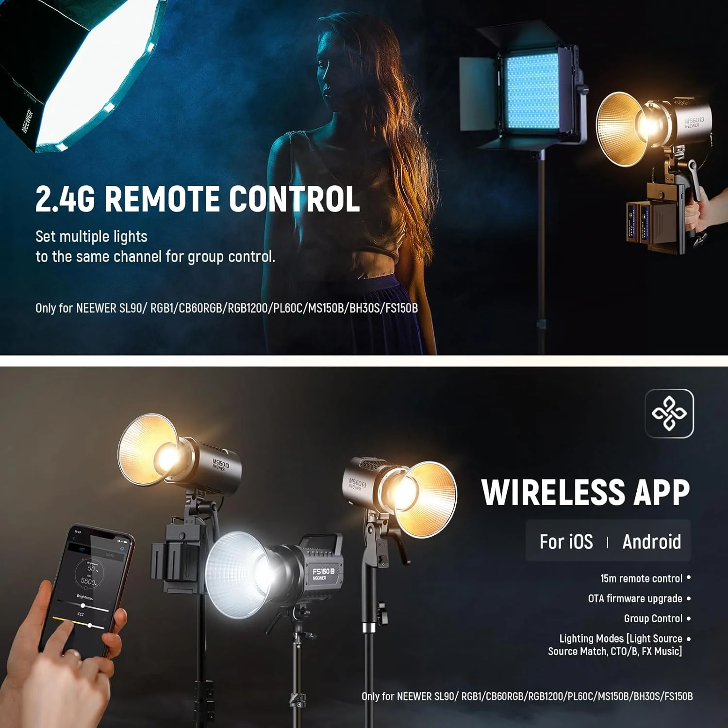 نور ویدئویی ال ای دی COB نیور MS60B 65W با کیت باتری، کنترل 2.4G/APP، 2 عدد باتری 7800mAh NP-F970، شارژ سریع، 2700K-6500K، دیمینگ PWM، 40000lux/1m، CRI97+/TLCI98+، 12 صحنه