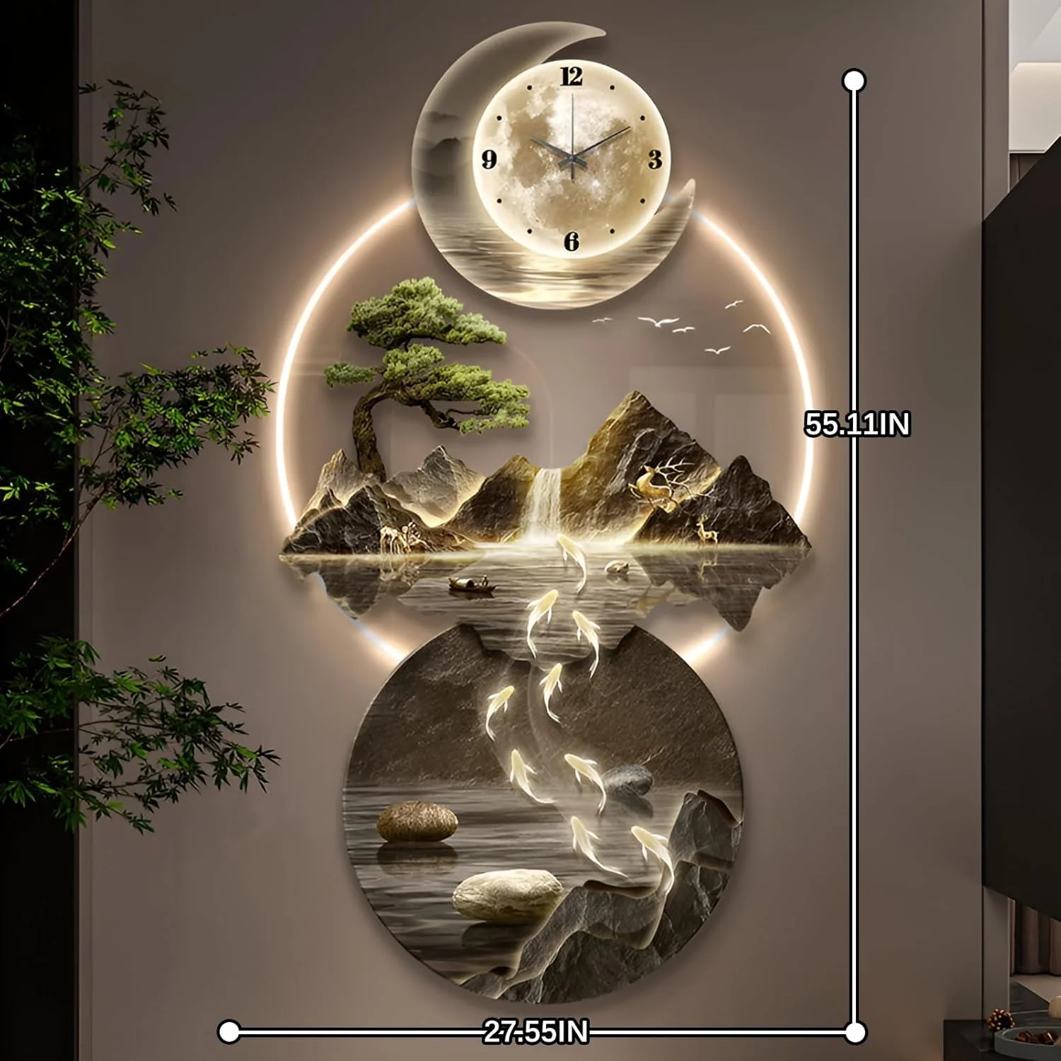 مجسمه های دیواری سه بعدی، ساعت آویز نقاشی، منبع تغذیه پلاگین، دکوراسیون دیوار خانه، تزئینات هنری دیوار، لامپ ال ای دی برای ورودی خانه، راهرو، اتاق خواب، کنترل از راه دور بی سیم (مدل B، 50 * 100 سانتی متر) (مدل A، 70 سانتی متر)