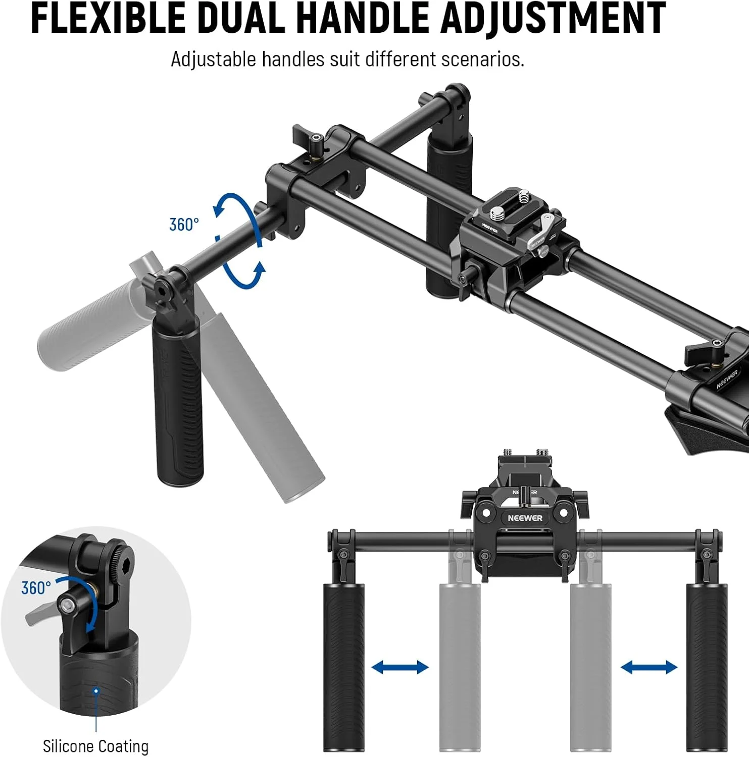 پایه شانه‌ای فیلمبرداری NEEWER با اتصال سریع Arca برای دوربین‌های DSLR و فیلمبرداری، دسته‌های دوتایی میله‌های 15 میلی‌متری (40 سانتی‌متر)، تثبیت‌کننده فیلم‌سازی سازگار با SmallRig Follow Focus، SR007