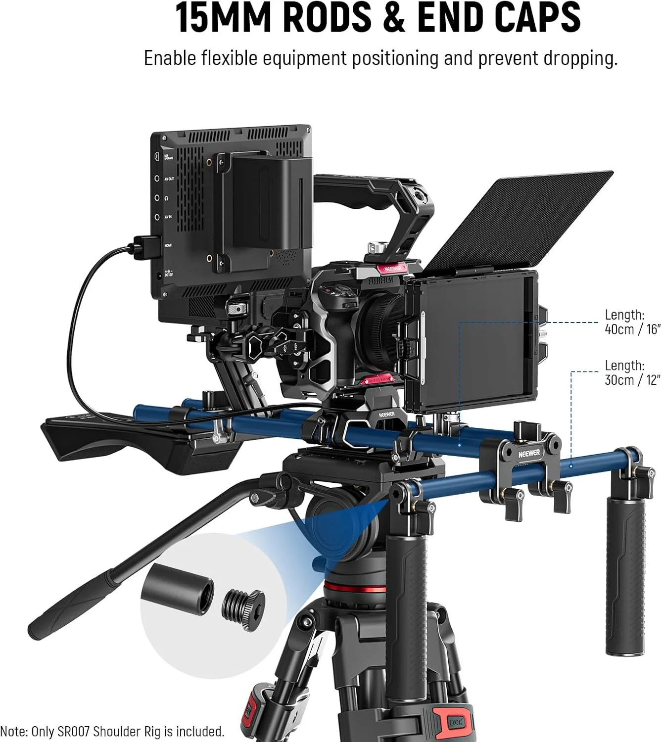 پایه شانه‌ای فیلمبرداری NEEWER با اتصال سریع Arca برای دوربین‌های DSLR و فیلمبرداری، دسته‌های دوتایی میله‌های 15 میلی‌متری (40 سانتی‌متر)، تثبیت‌کننده فیلم‌سازی سازگار با SmallRig Follow Focus، SR007