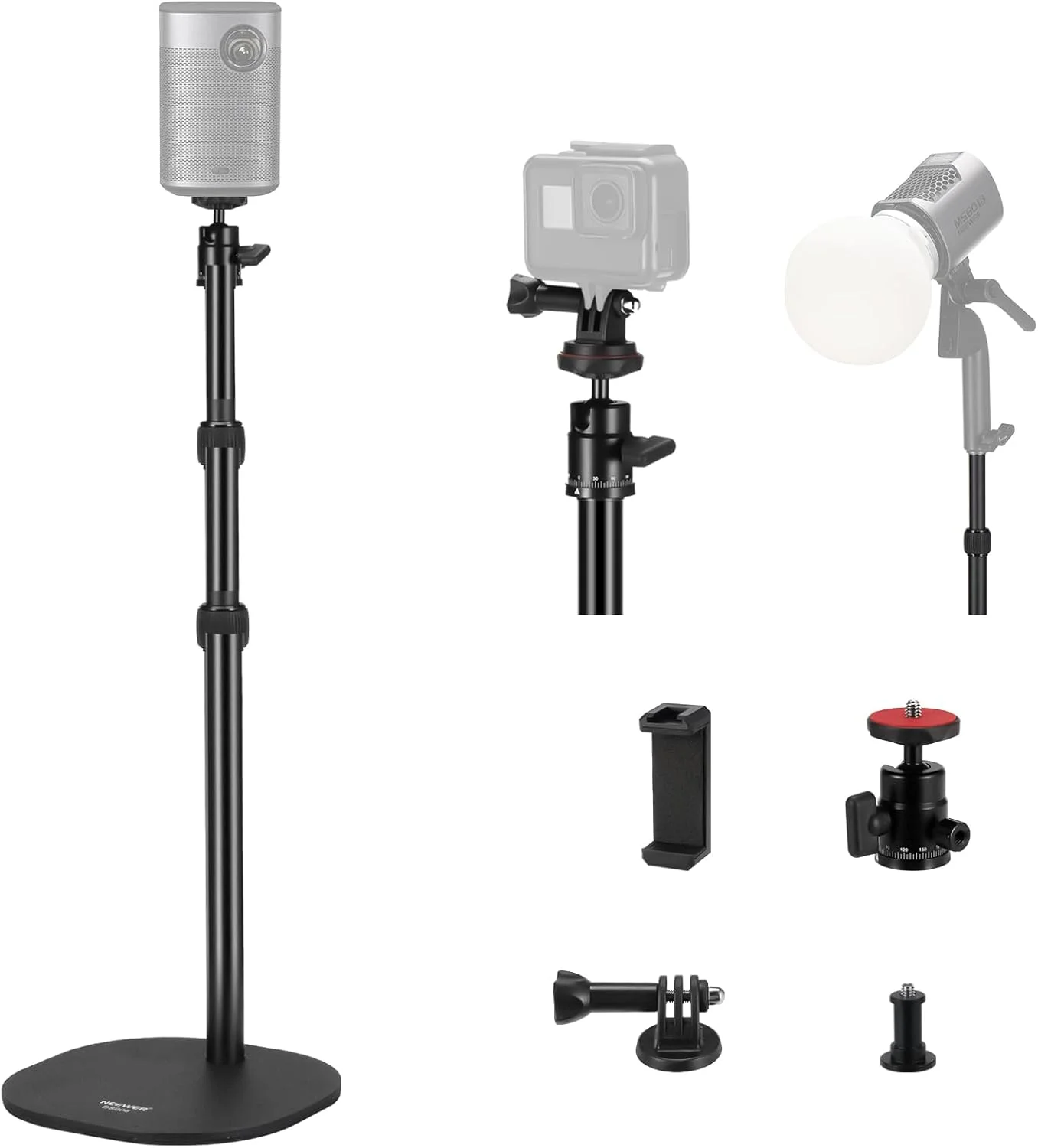 پایه رومیزی پروژکتور NEEWER با پایه سنگین، سه پایه رومیزی 40-90 سانتی متری با نگهدارنده تلفن و پایه دوربین اکشن، سر توپی سازگار با پروژکتور ویدئویی وب کم XGIMI Nebula MEVO، DS006