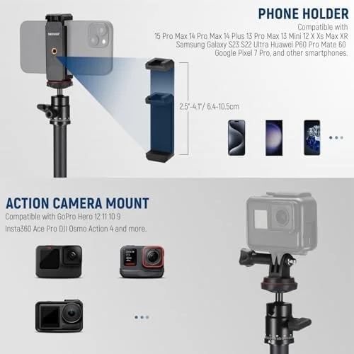 پایه رومیزی پروژکتور NEEWER با پایه سنگین، سه پایه رومیزی 40-90 سانتی متری با نگهدارنده تلفن و پایه دوربین اکشن، سر توپی سازگار با پروژکتور ویدئویی وب کم XGIMI Nebula MEVO، DS006