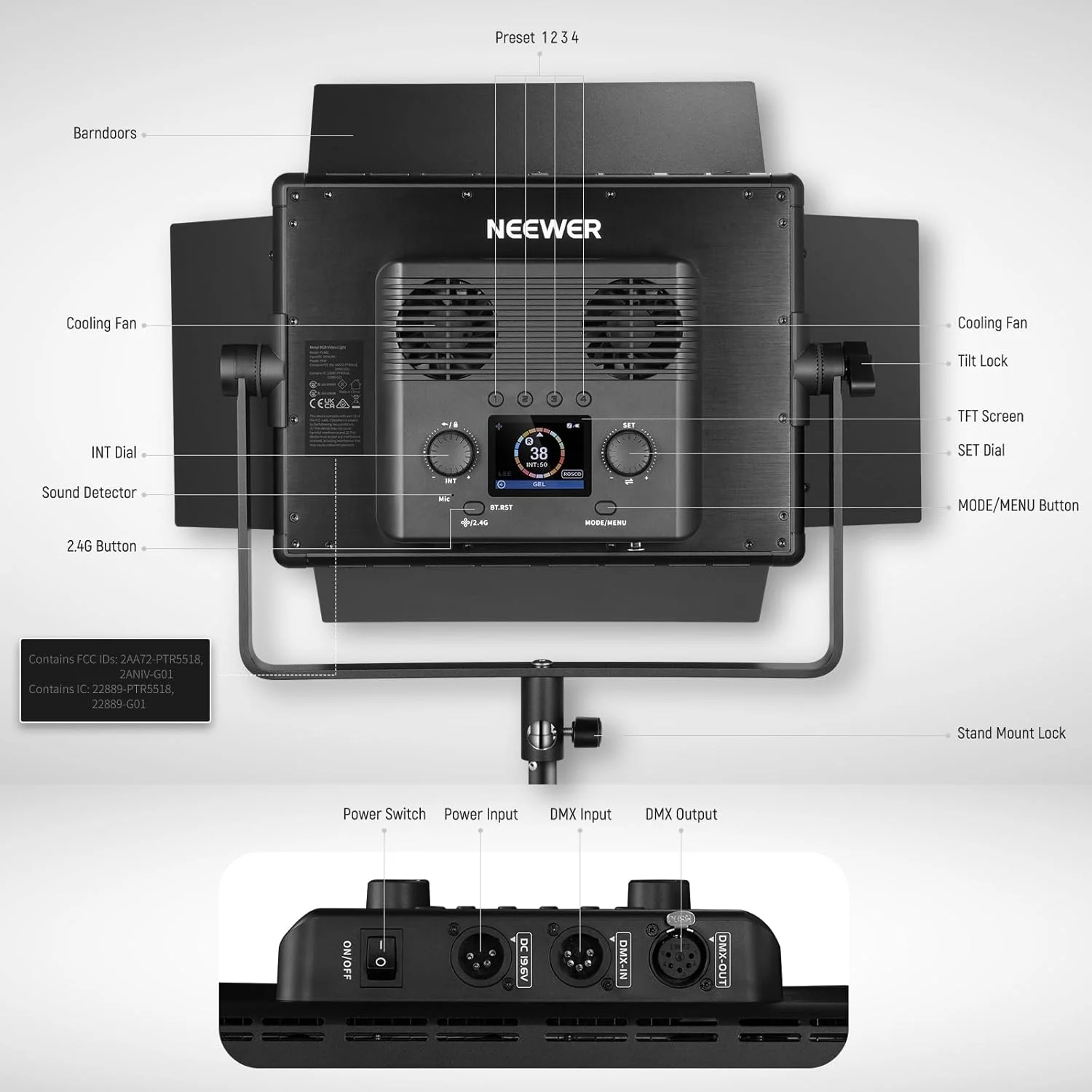 نور پنلی ال ای دی RGB مدل NEEWER PL60C با کنترل از طریق اپلیکیشن/2.4G/DMX، نورپردازی RGBCW حرفه ای برای استودیو عکس/قابل تغذیه با باتری V برای ضبط و استریم