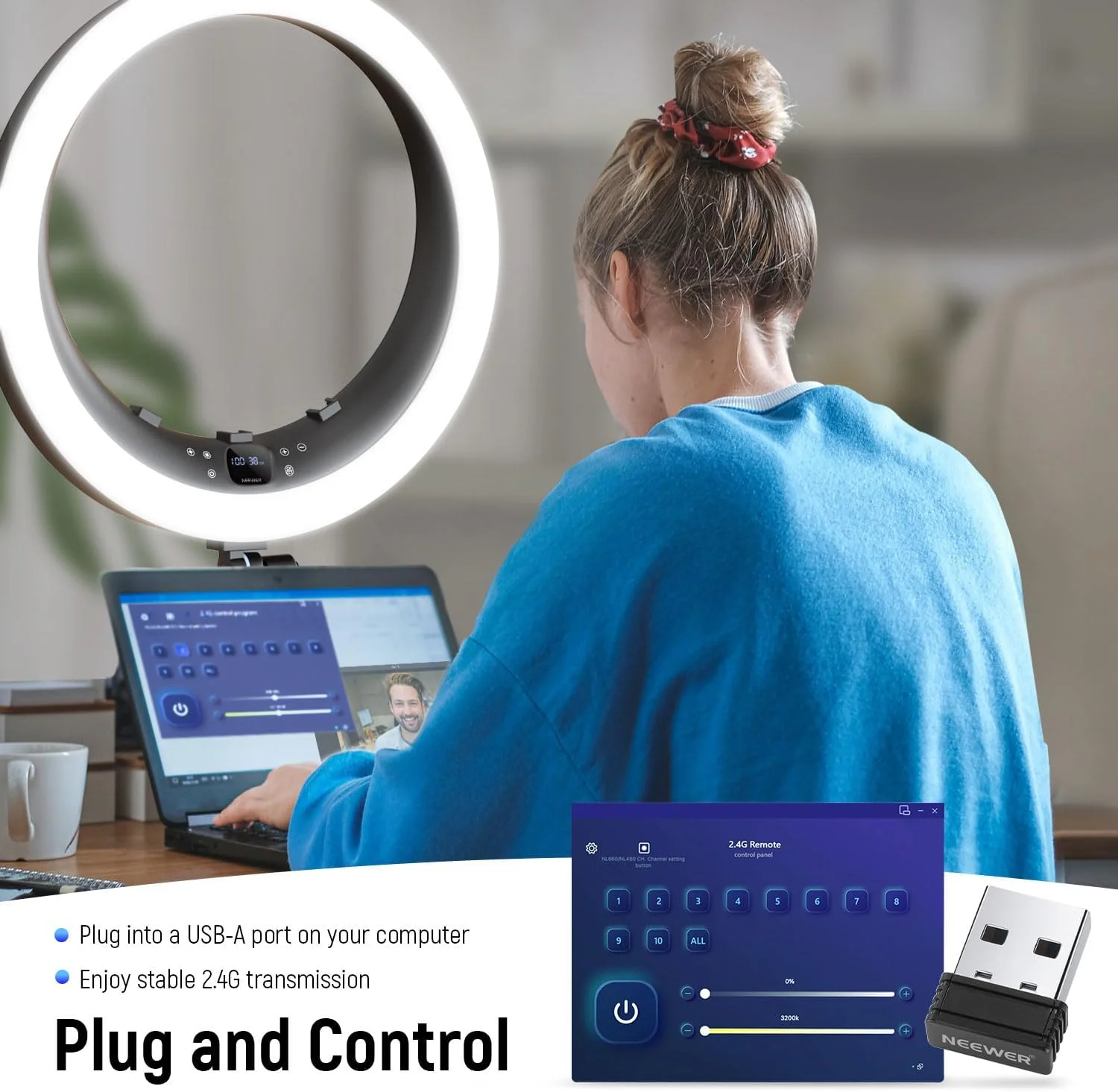 حلقه نور 19 اینچی NEEWER 2.4G با پایه، 3 نگهدارنده تلفن، فرستنده USB 2.4G برای کنترل از راه دور مک/کامپیوتر، پنل لمسی، کم نور شدن یکنواخت در 1٪، 3200K-5600K برای سلفی، پخش زنده TikTok، زوم، RP19H حلقه نور 19 اینچی NEEWER 2.4G با پایه، 3 نگهدارنده تلفن، فرستنده USB 2.4G برای کنترل از راه دور مک/کامپیوتر، پنل لمسی، کم نور شدن یکنواخت در 1٪، 3200K-5600K برای سلفی، پخش زنده TikTok، زوم، RP19H