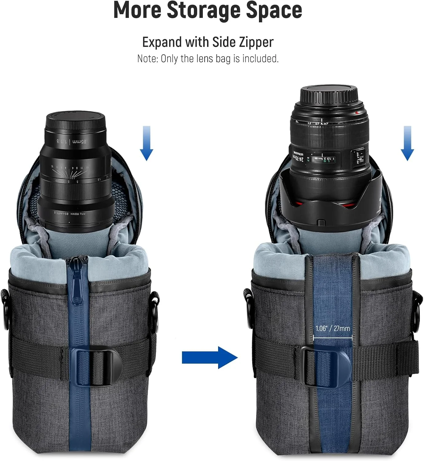 کیف لنز دوربین NEEWER برای لنز دوربین DSLR، مقاوم در برابر آب، ضخیم شده، با قابلیت افزایش فضا، دارای زیپ های قفل شونده، بند شانه و سگک پشتی