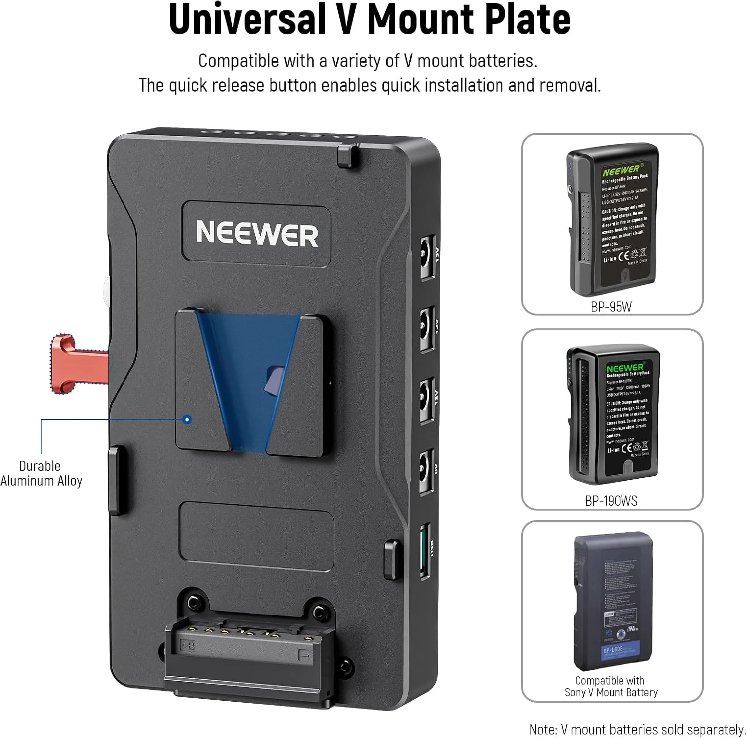 صفحه باتری V-Mount نیور با گیره میله 15 میلیمتری، شنت منبع تغذیه PD 60W Type C&D Tap/DC15V Port، سازگار با باتری Fxlion Sony V Lock، سازگار با ریگ ویدیویی SmallRig، VB-A1 صفحه باتری V-Mount نیور با گیره میله 15 میلیمتری، شنت منبع تغذیه PD 60W Type C&D Tap/DC15V Port، سازگار با باتری Fxlion Sony V Lock، سازگار با ریگ ویدیویی SmallRig، VB-A1