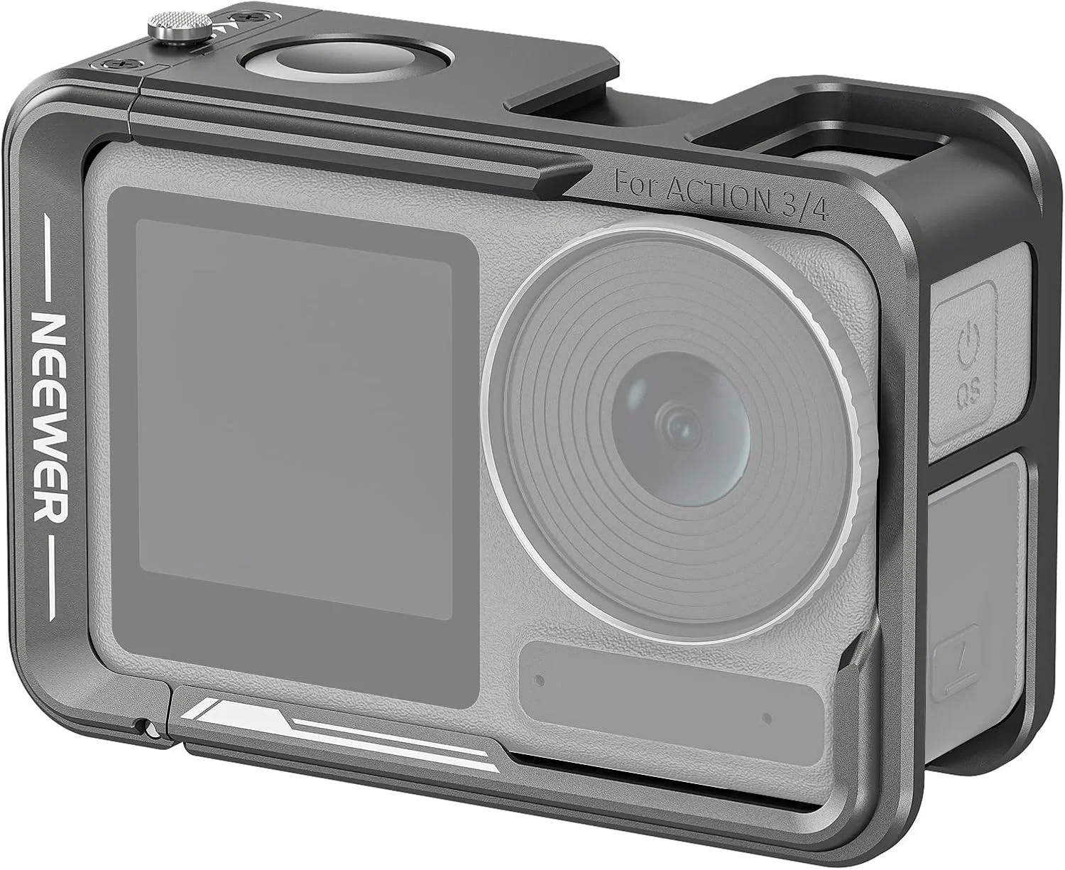 محافظ فلزی دوربین اکشن نیوور مدل AC004، مناسب برای دوربین های اکشن 4 و اکشن 3، سازگار با میکروفون DJI، دارای مانت کفش سرد، رزوه 1/4 اینچ، دکمه شاتر، سازگار با مانت مغناطیسی اصلی