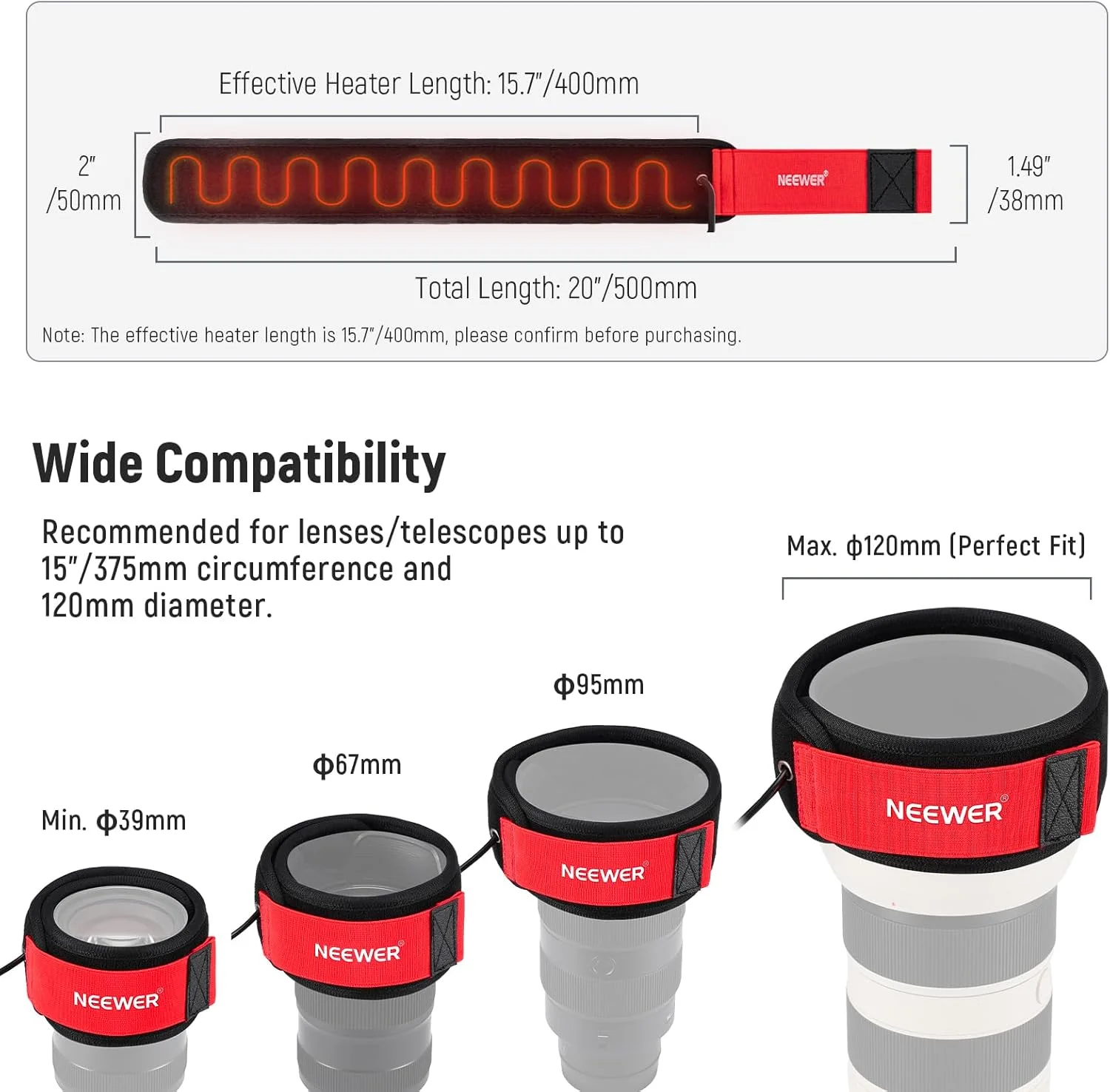 گرمکن لنز USB نیوئر، 400 میلی‌متری برای دوربین DSLR و تلسکوپ، دارای 3 تنظیمات تنظیم‌کننده دما، نوار گرمکن ضد شبنم، مه و تراکم برای عکاسی نجومی دوربین تلسکوپ