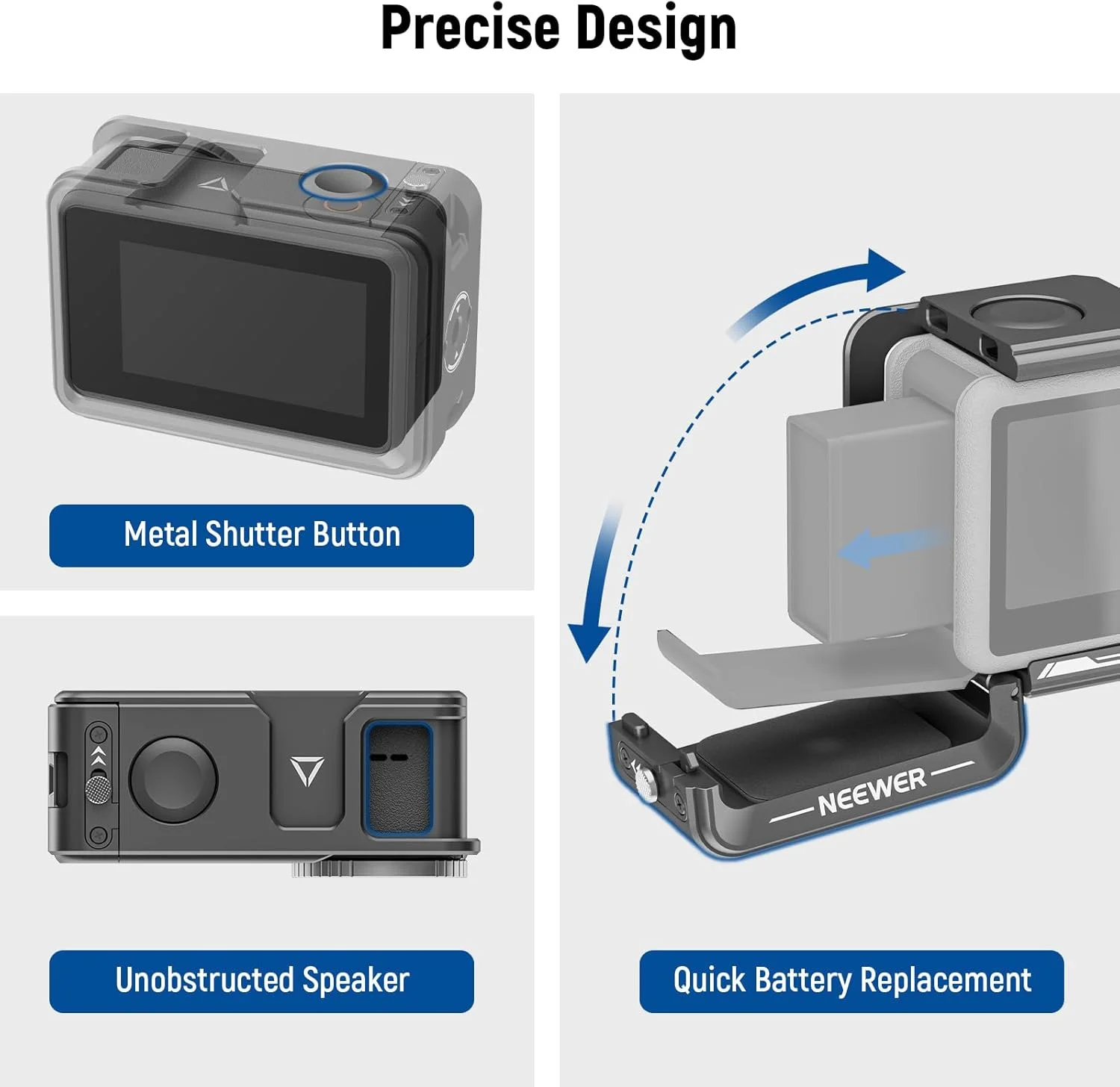 محافظ فلزی دوربین اکشن نیوور مدل AC004، مناسب برای دوربین های اکشن 4 و اکشن 3، سازگار با میکروفون DJI، دارای مانت کفش سرد، رزوه 1/4 اینچ، دکمه شاتر، سازگار با مانت مغناطیسی اصلی